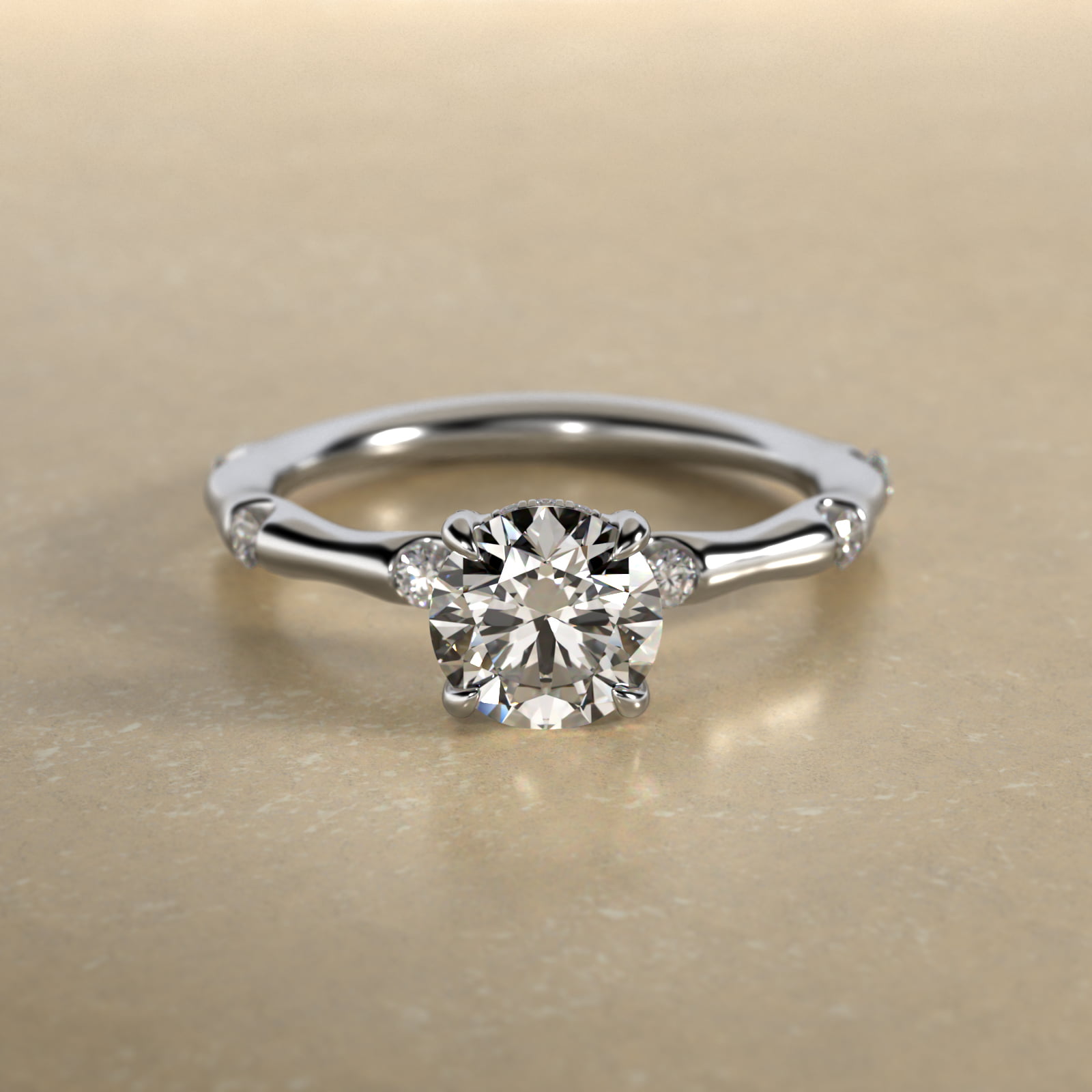 Bamboo Hidden Halo Side Stone Diamond Engagement Ring With Halo In 18K White Gold
