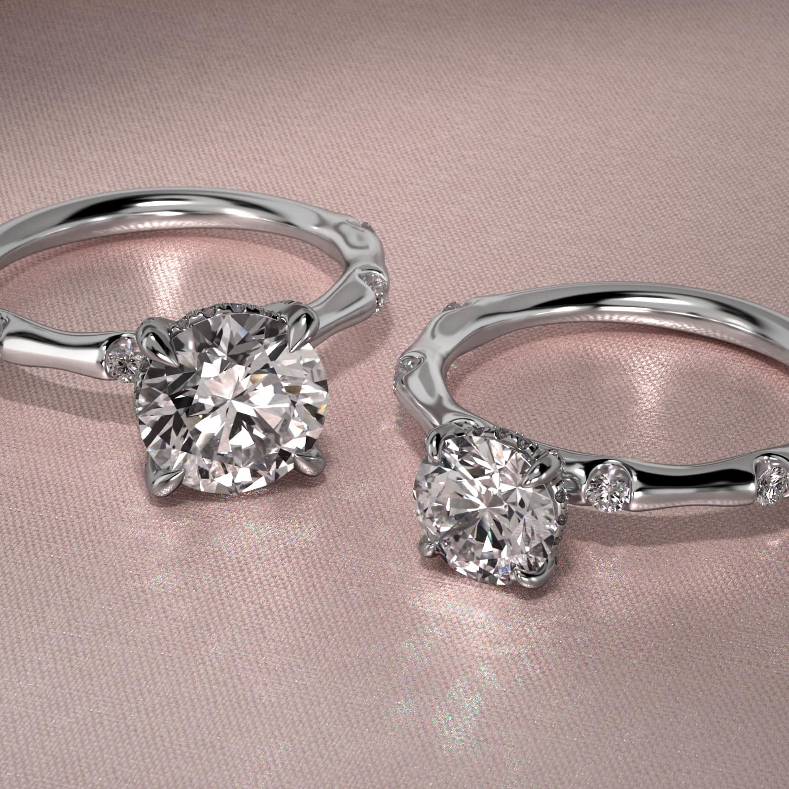 Bamboo Hidden Halo Side Stone Diamond Engagement Ring With Halo In Platinum