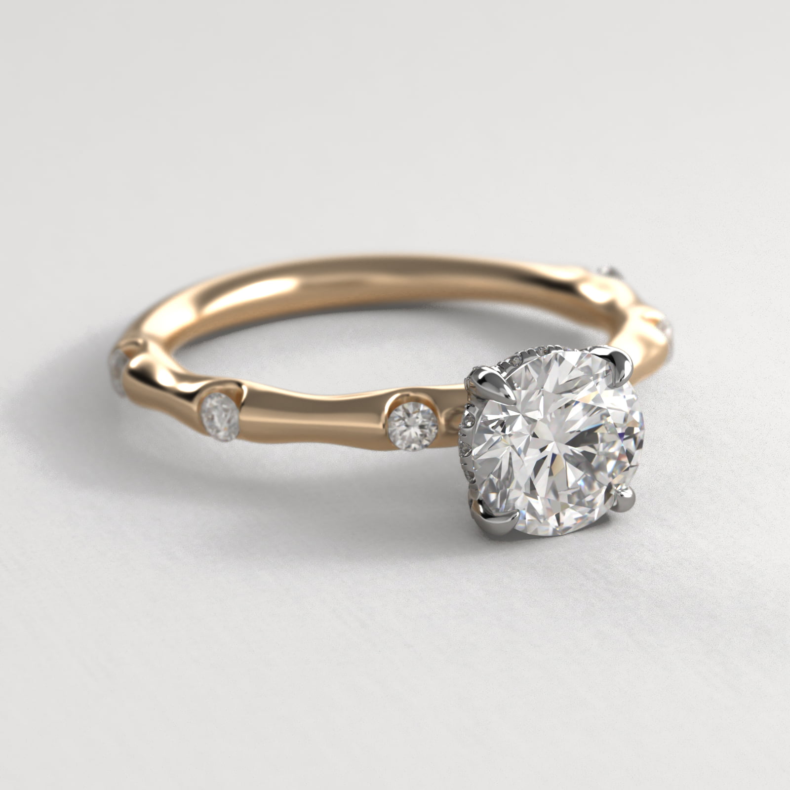 Bamboo Hidden Halo Side Stone Diamond Engagement Ring With Halo In 14K Yellow Gold