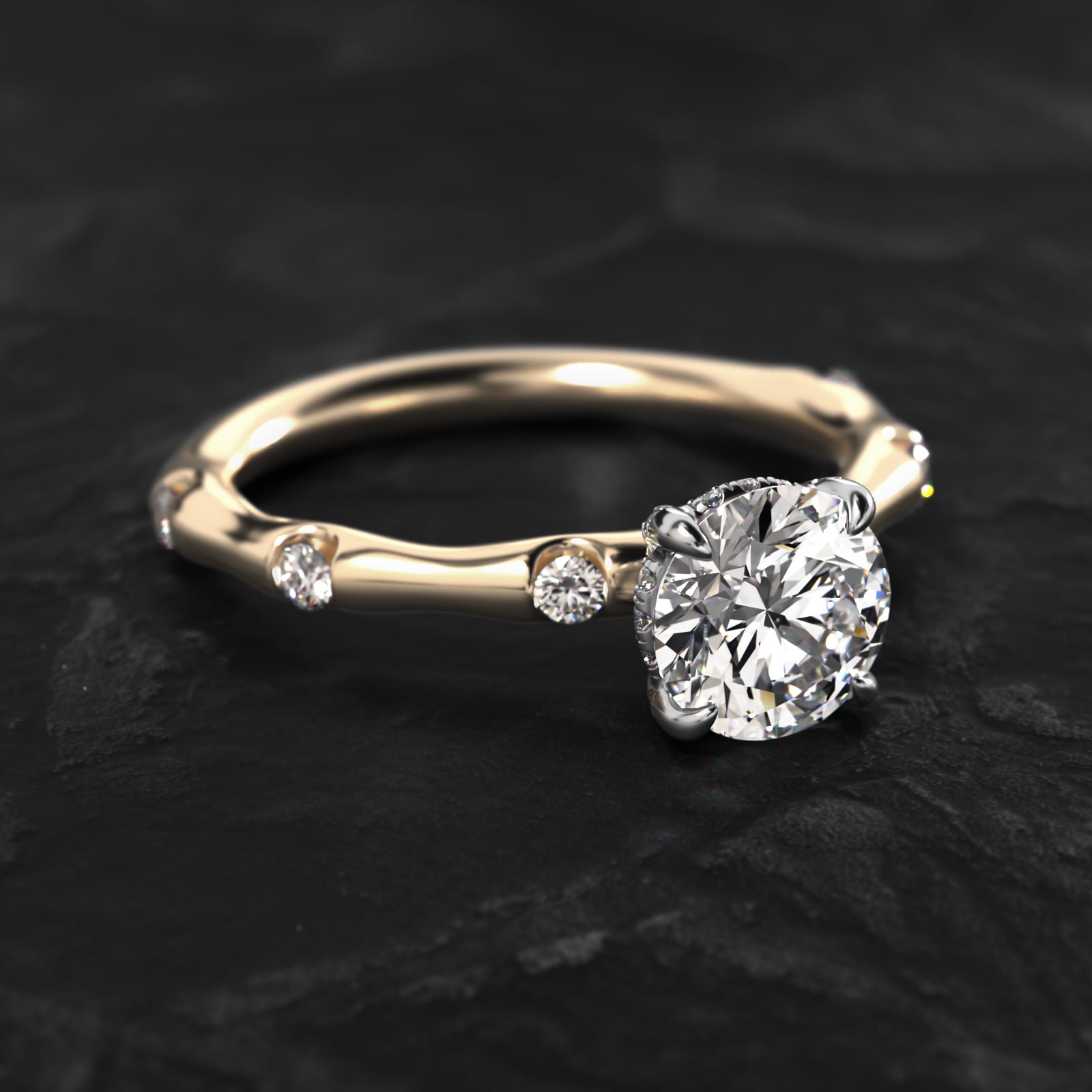 Bamboo Hidden Halo Side Stone Diamond Engagement Ring With Halo In 18K Yellow Gold