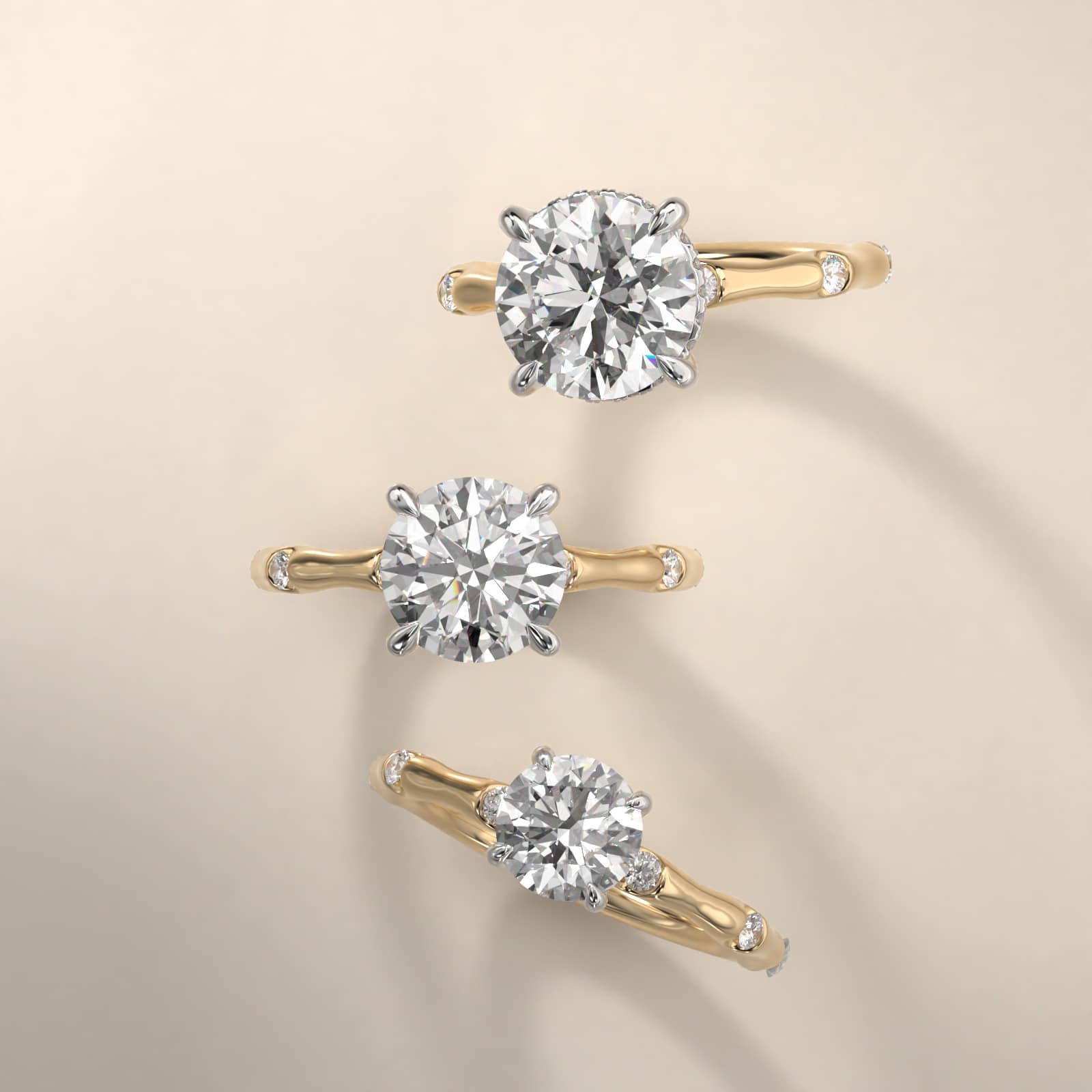 Bamboo Hidden Halo Side Stone Diamond Engagement Ring With Halo In 14K Yellow Gold