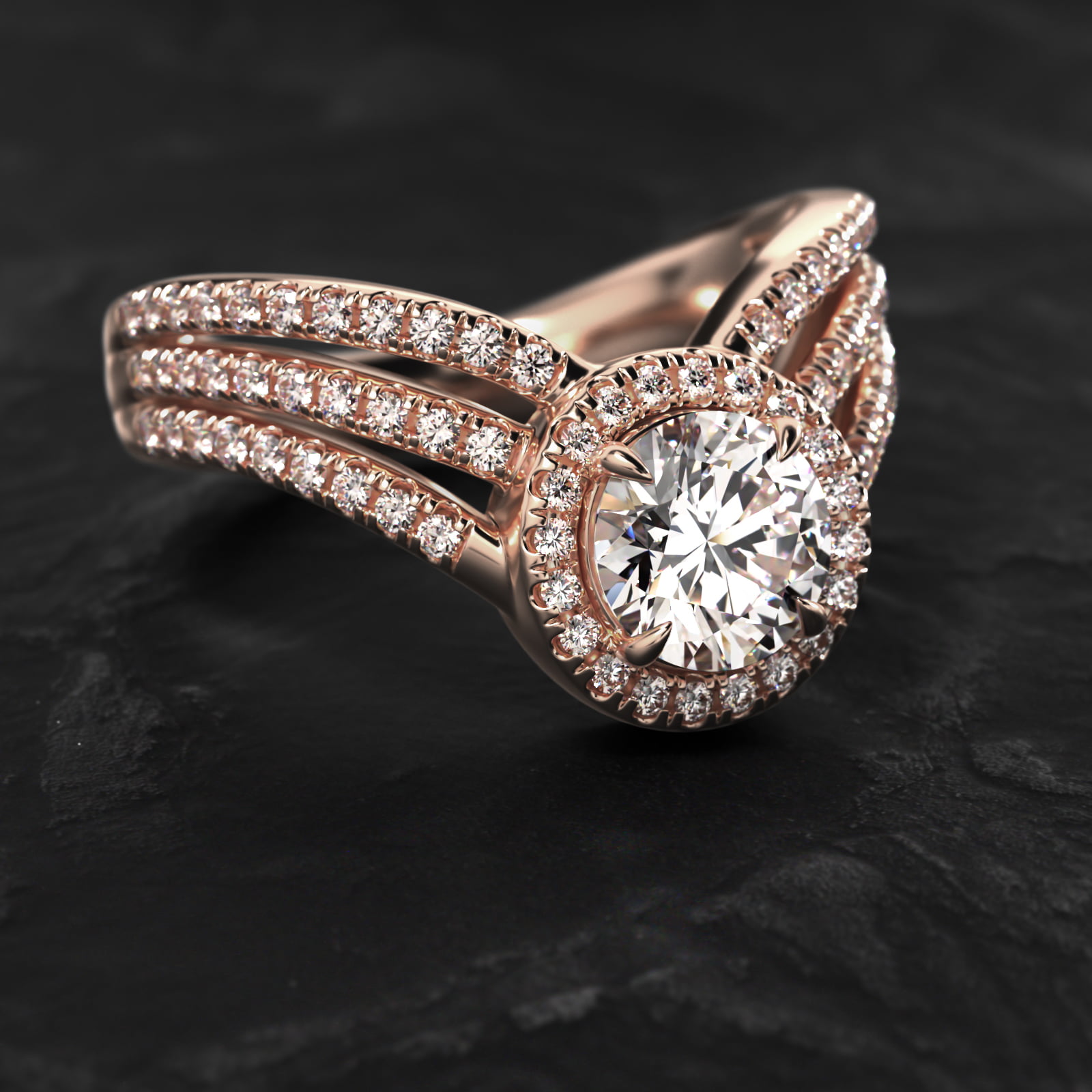 Cascade Diamond Halo Engagement Ring In 14K Rose Gold
