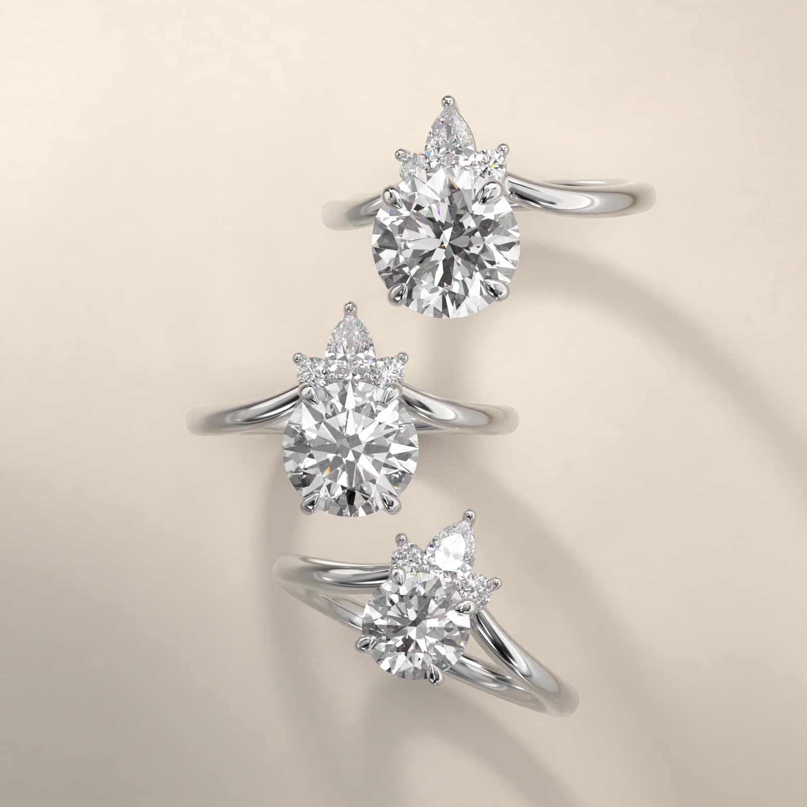 Three Stone Diamond Tiara Engagement Ring In 18K White Gold