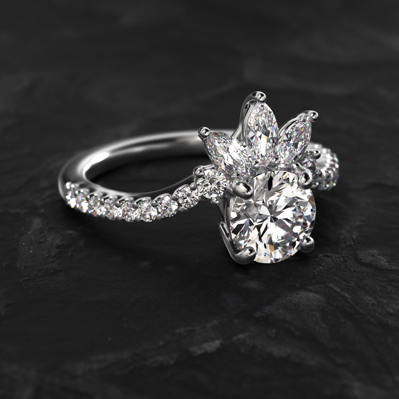 Sunrise Diamond Tiara Engagement Ring In 18K White Gold