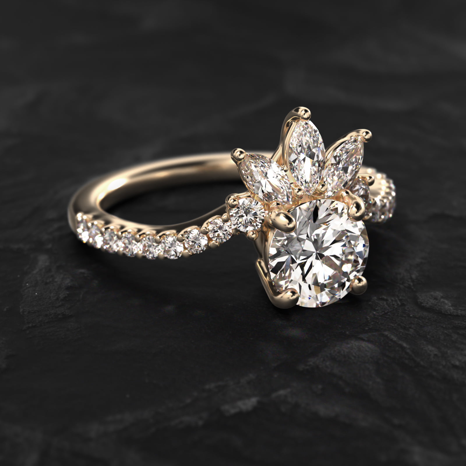 Sunrise Diamond Tiara Engagement Ring In 18K Yellow Gold