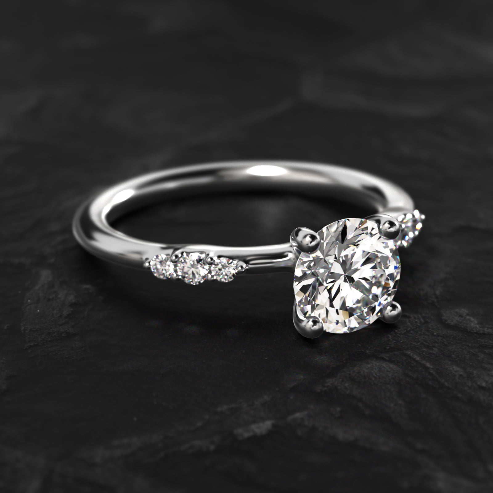 Petite Three Round Diamond Accents Side Stone Engagement Ring In 14K White Gold