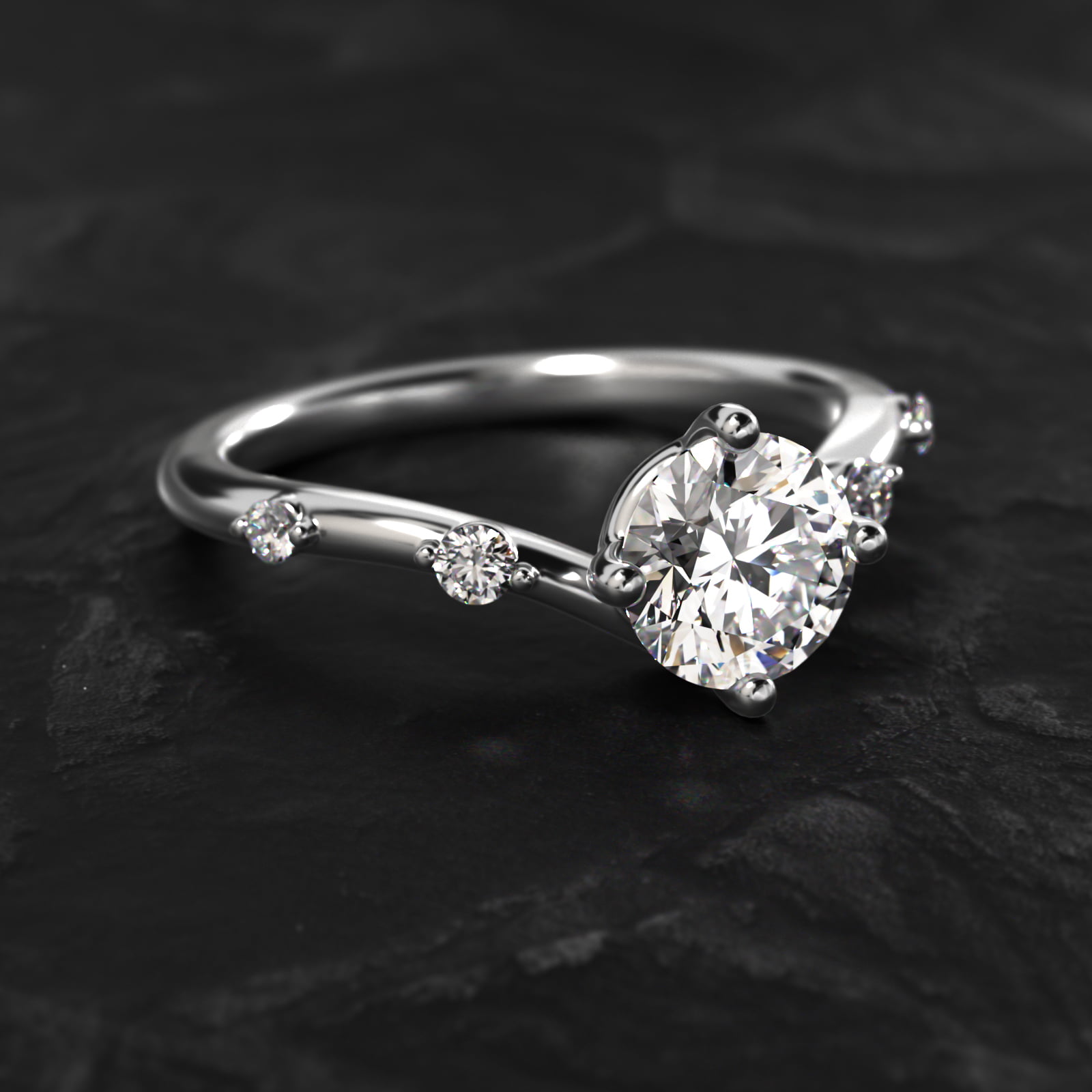 Chevron Diamond Station Side Stone Engagement Ring In 14K White Gold