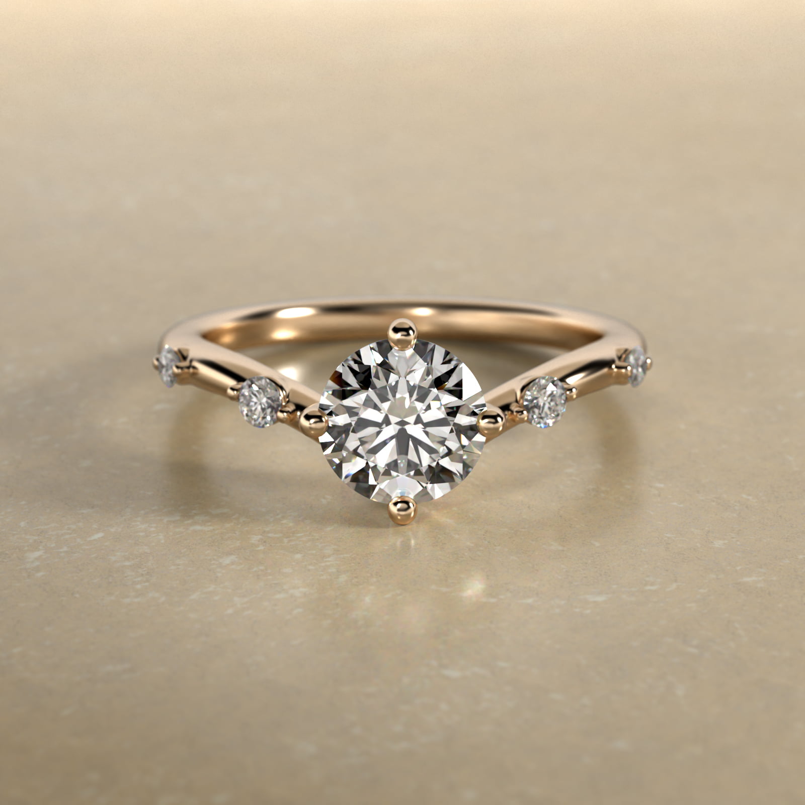 Chevron Diamond Station Side Stone Engagement Ring In 18K Yellow Gold