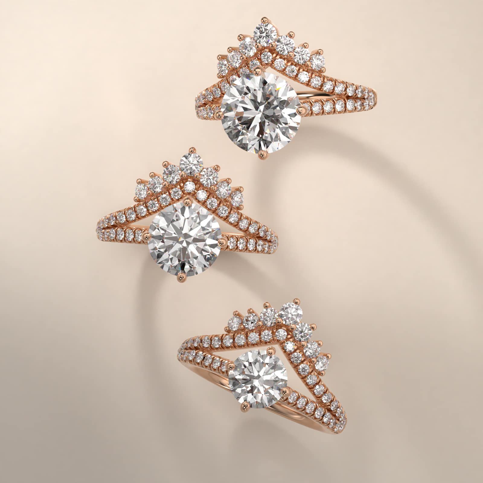 Double Row Majestic Diamond Tiara Side Stone Engagement Ring In 14K Rose Gold