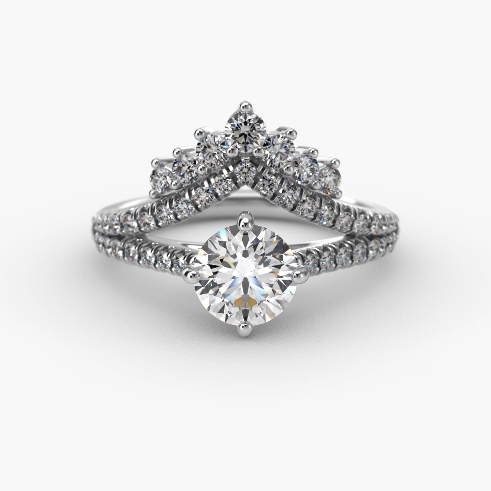 Double Row Majestic Diamond Tiara Side Stone Engagement Ring In 18K White Gold