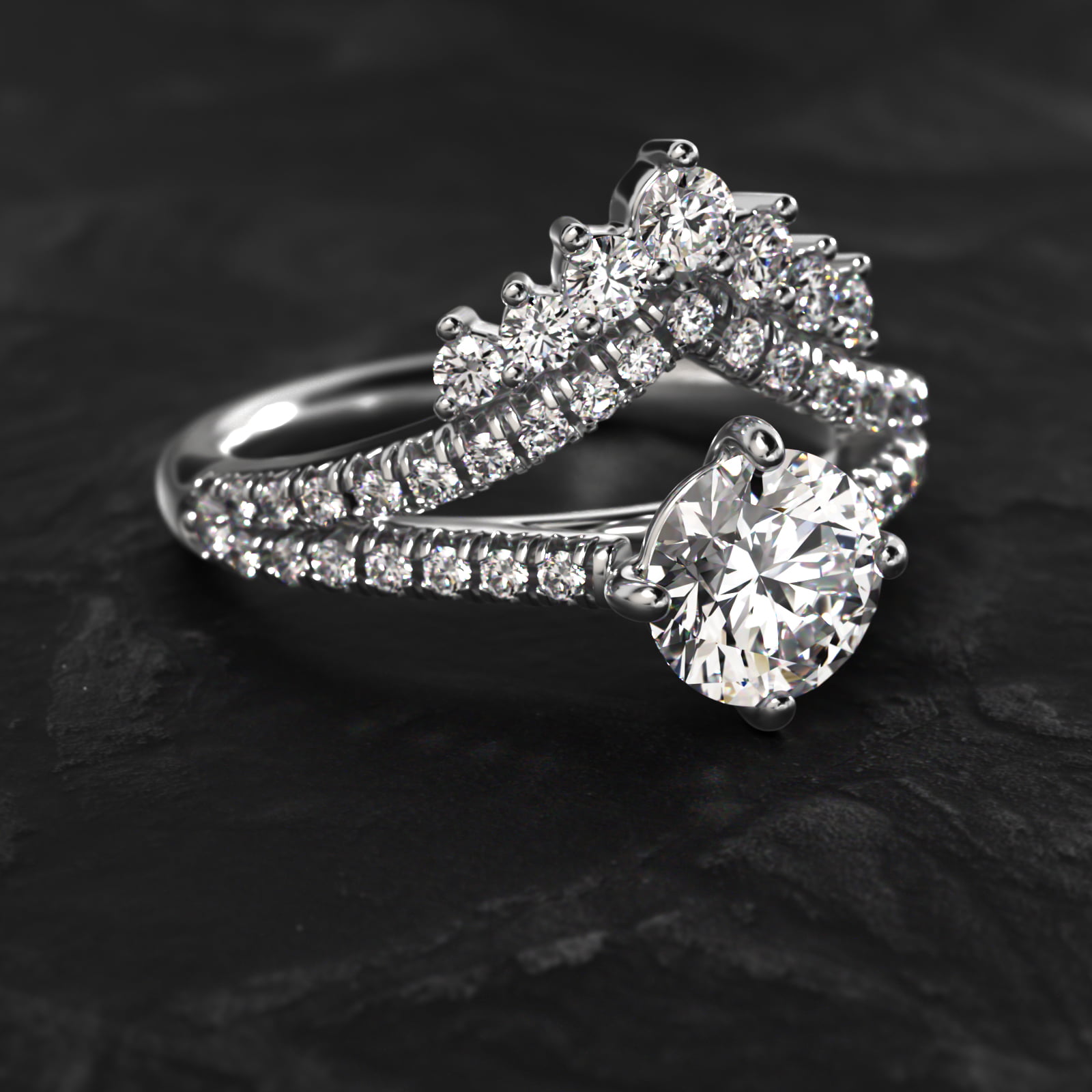 Double Row Majestic Diamond Tiara Side Stone Engagement Ring In 14K White Gold