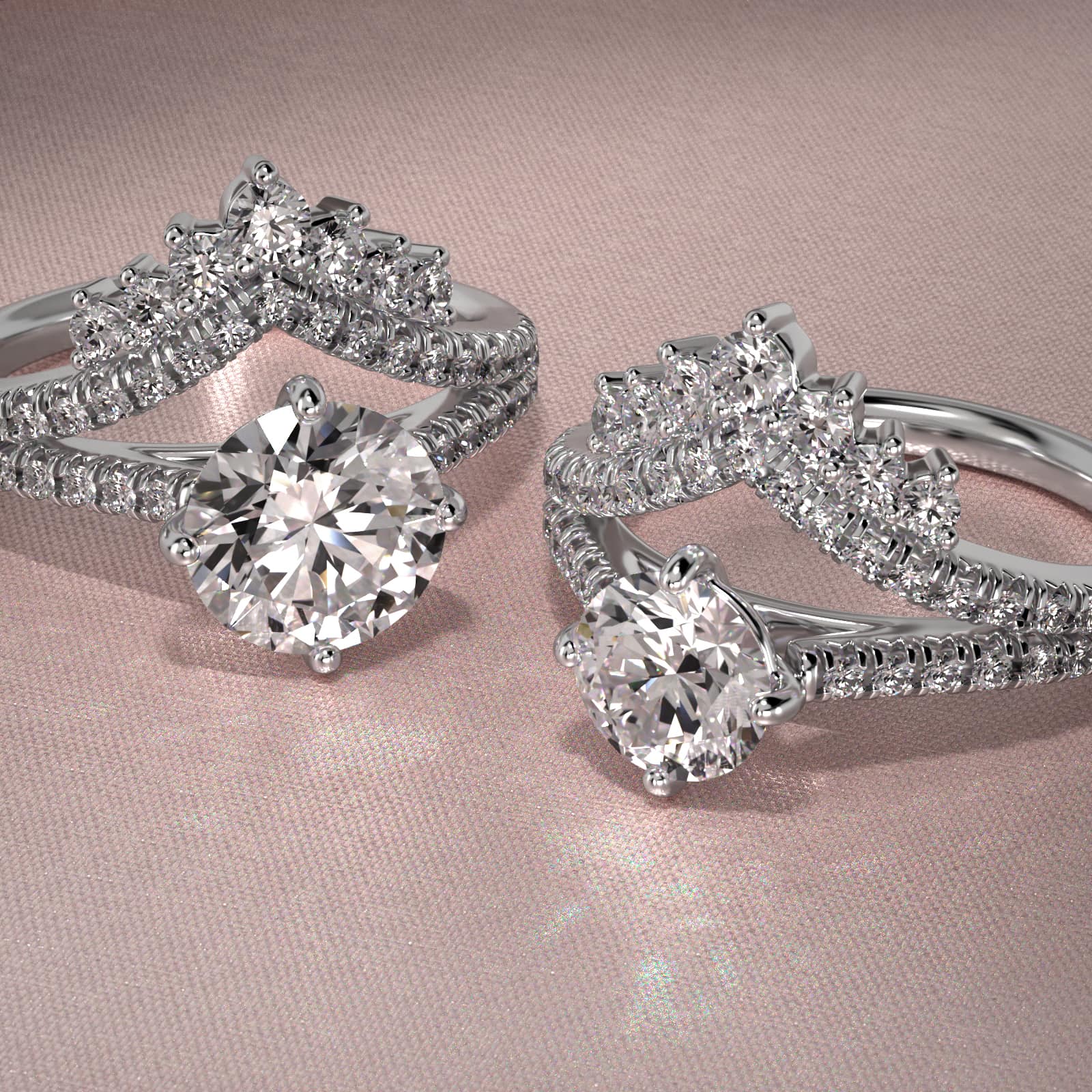 Double Row Majestic Diamond Tiara Side Stone Engagement Ring In 14K White Gold