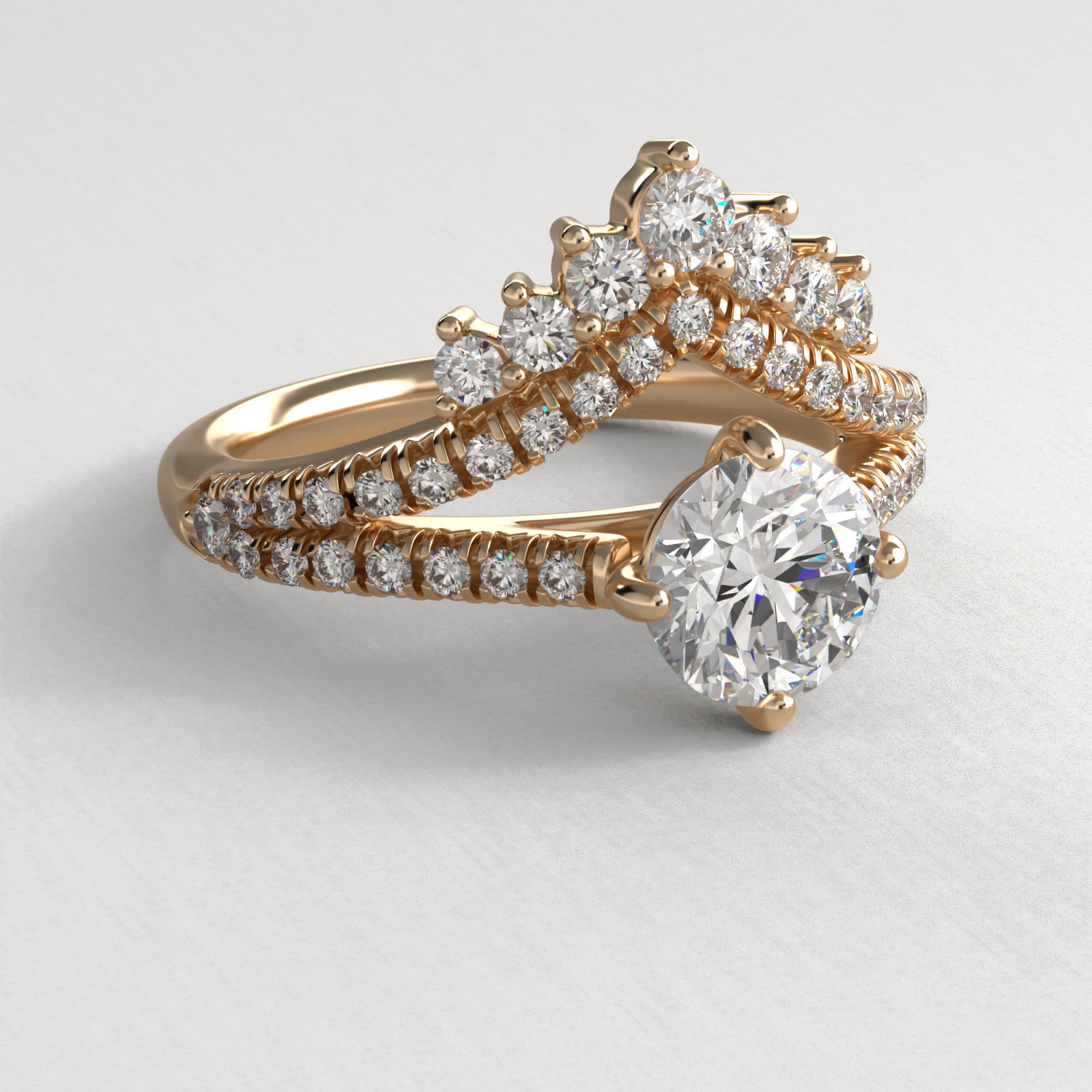 Double Row Majestic Diamond Tiara Side Stone Engagement Ring In 18K Yellow Gold