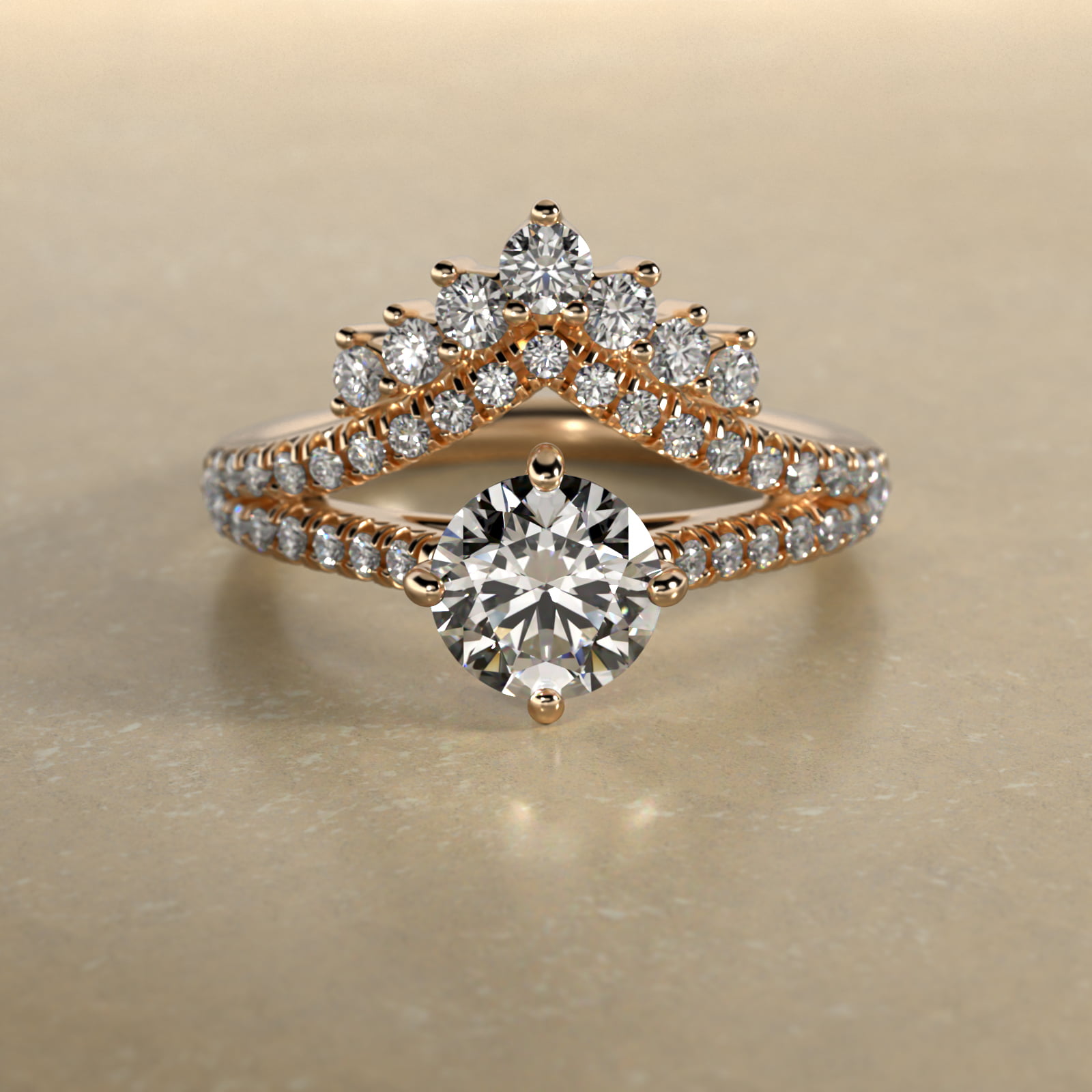 Double Row Majestic Diamond Tiara Side Stone Engagement Ring In 14K Yellow Gold