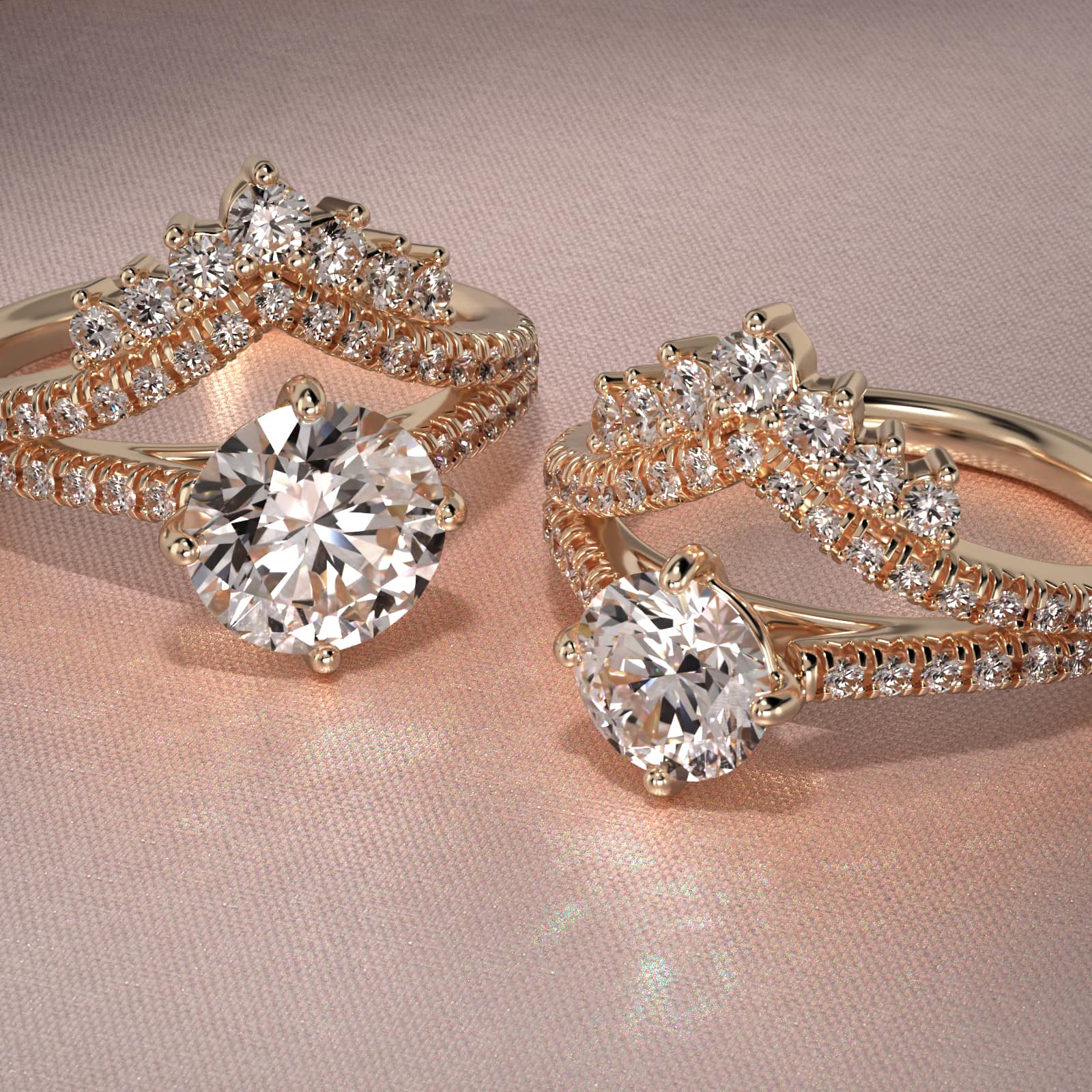 Double Row Majestic Diamond Tiara Side Stone Engagement Ring In 14K Yellow Gold