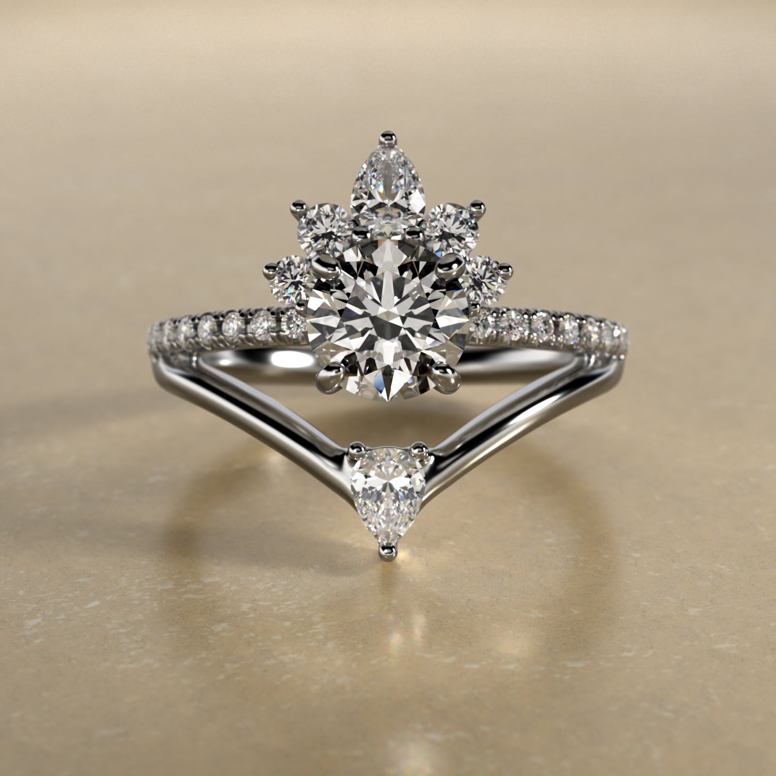 Peacock Diamond Tiara Engagement Ring In 14K White Gold