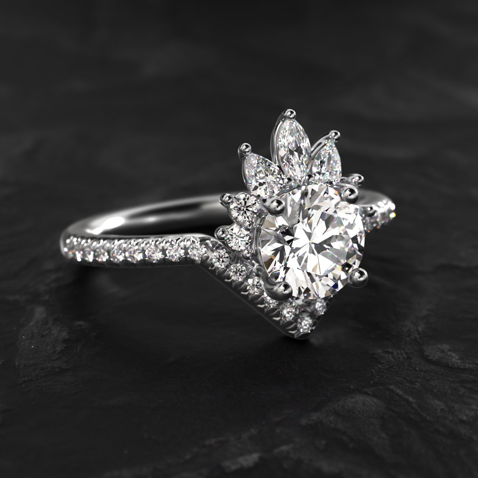 Sunburst Diamond Tiara Engagement Ring In 18K White Gold