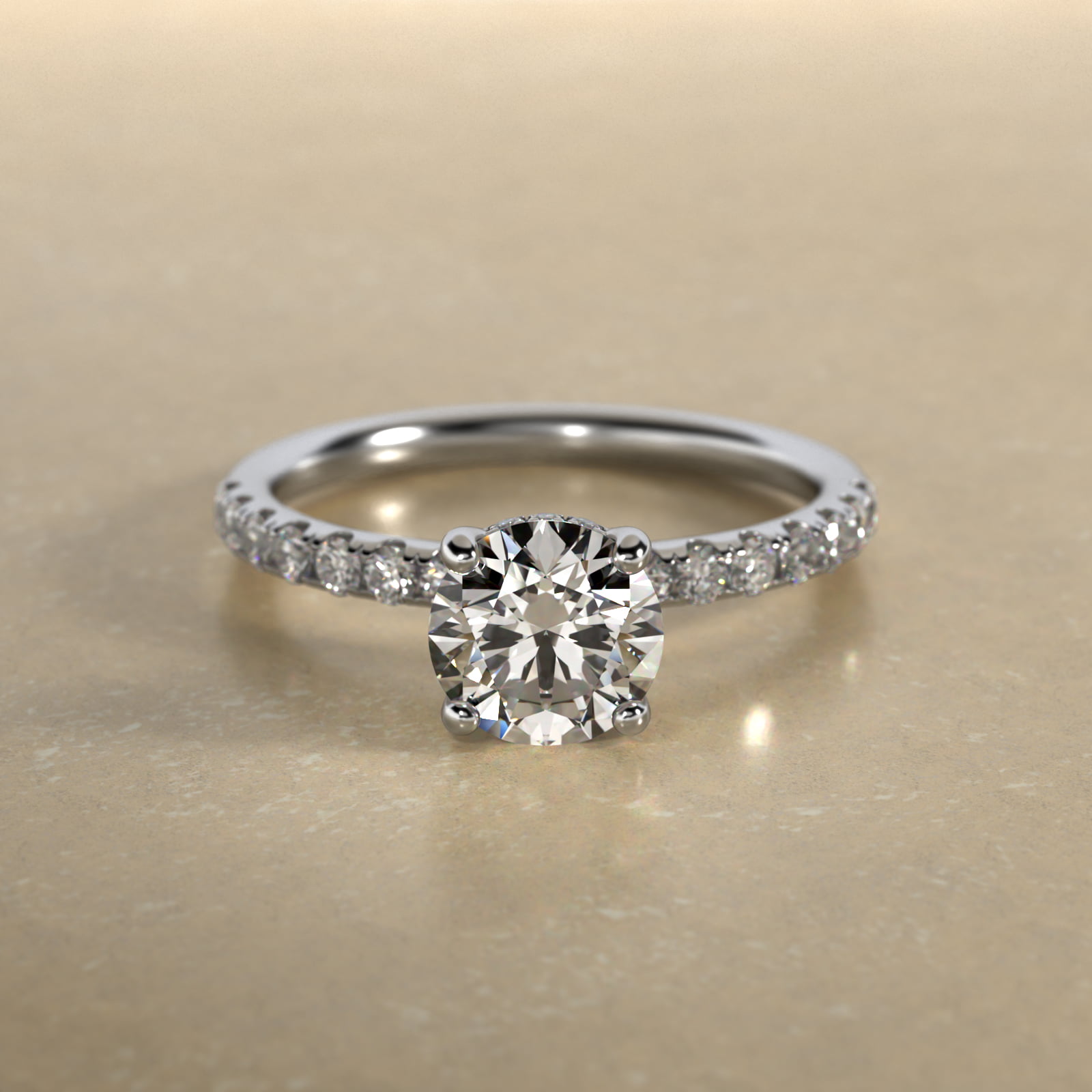 Crown Pavé Hidden Halo Diamond Engagement Ring In 18K White Gold