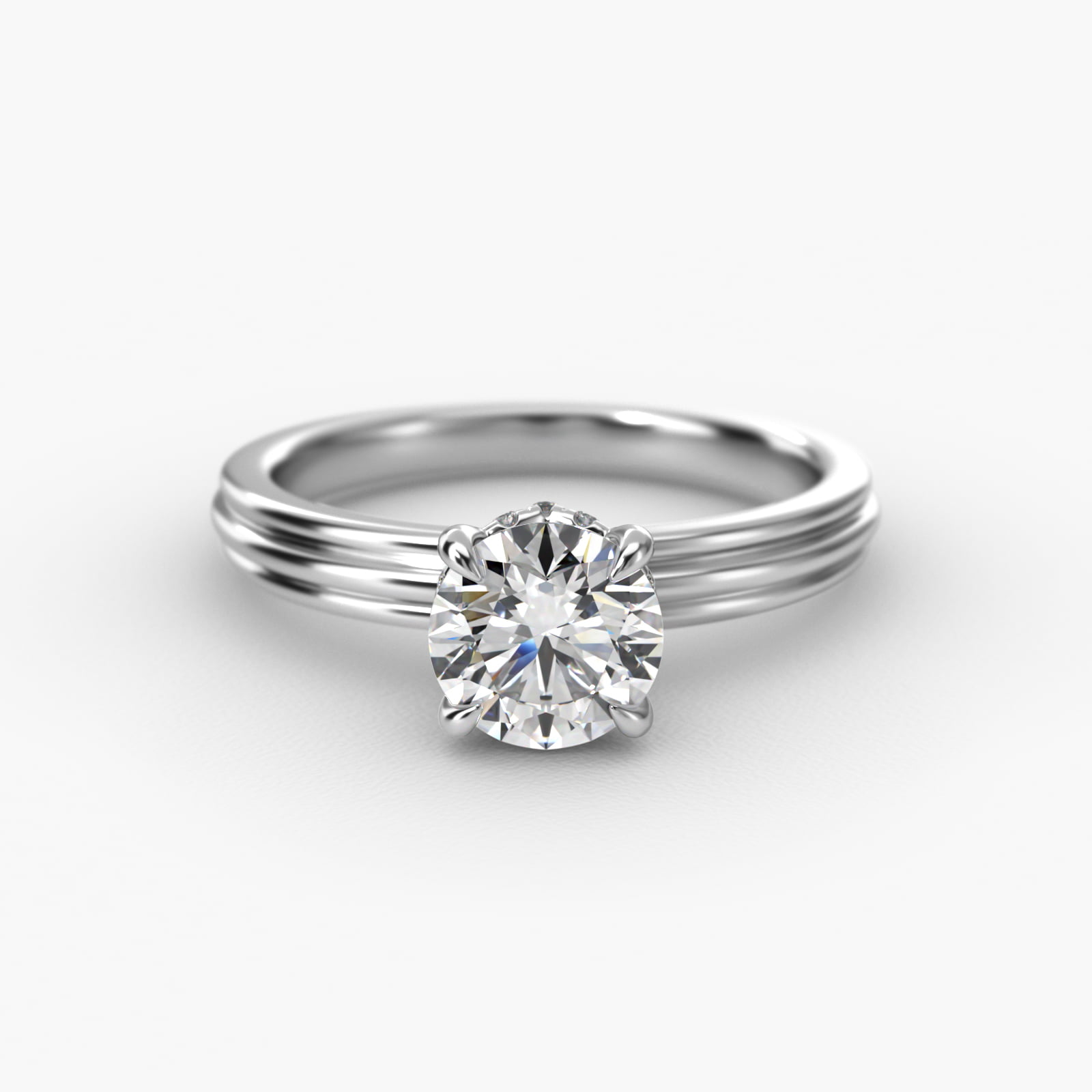 Sculpted Hidden Halo Solitaire Engagement Ring In 18K White Gold