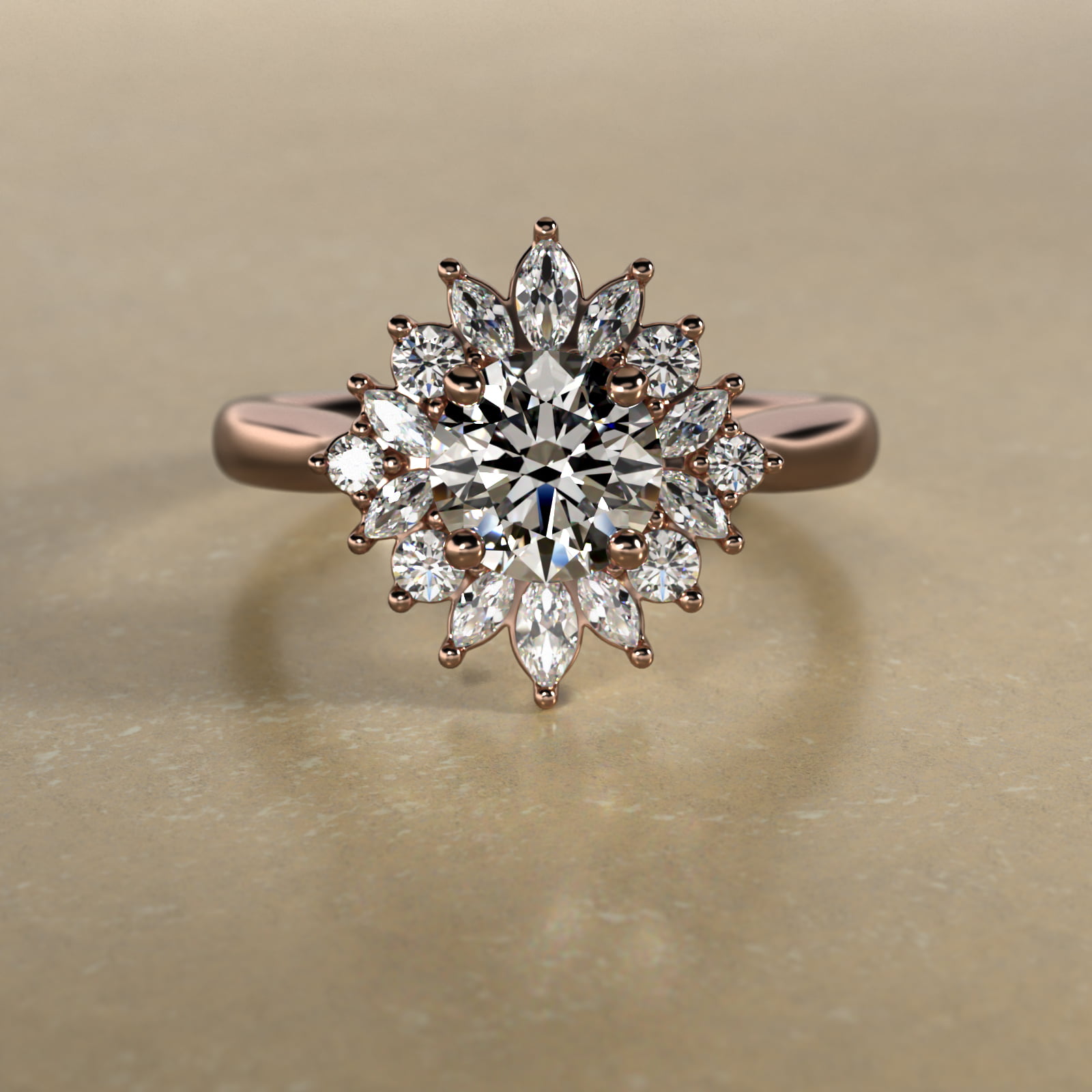 14K Rose Gold Starburst Halo Engagement Ring