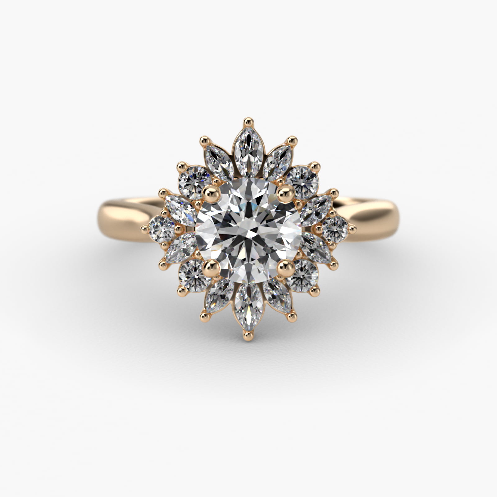 14K Yellow Gold Starburst Halo Engagement Ring