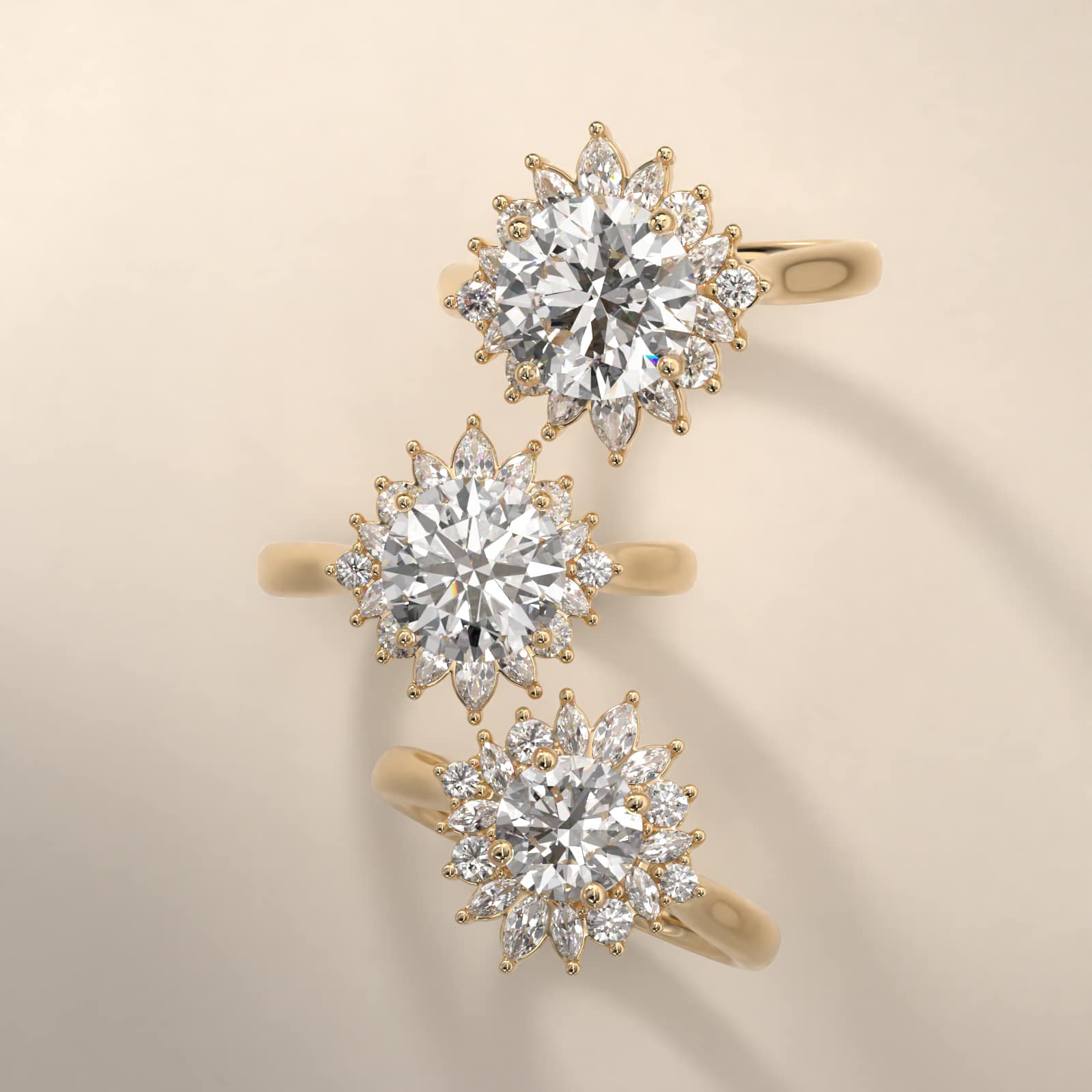 14K Yellow Gold Starburst Halo Engagement Ring