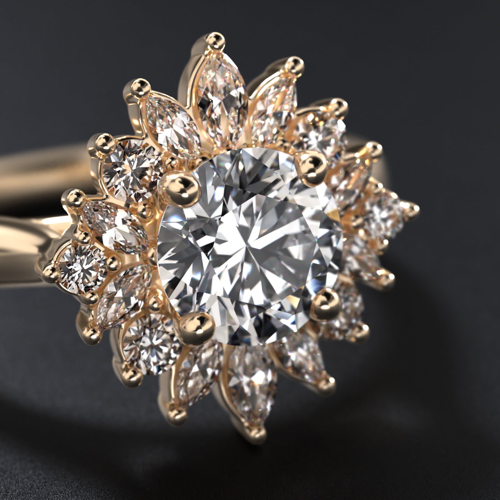 14K Yellow Gold Starburst Halo Engagement Ring
