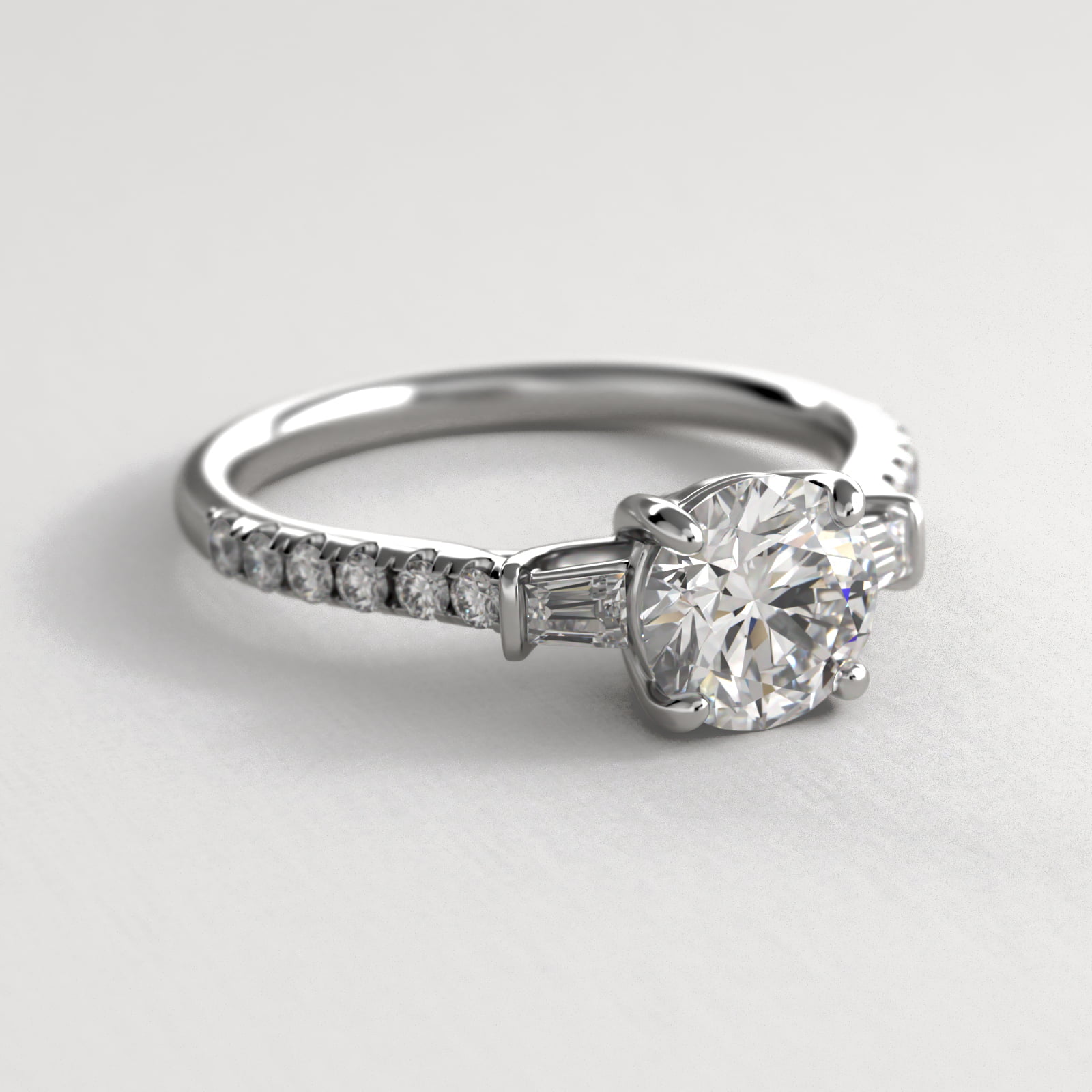 14K White Gold Three Stone Fancy Shape Diamond Accents Engagement Ring