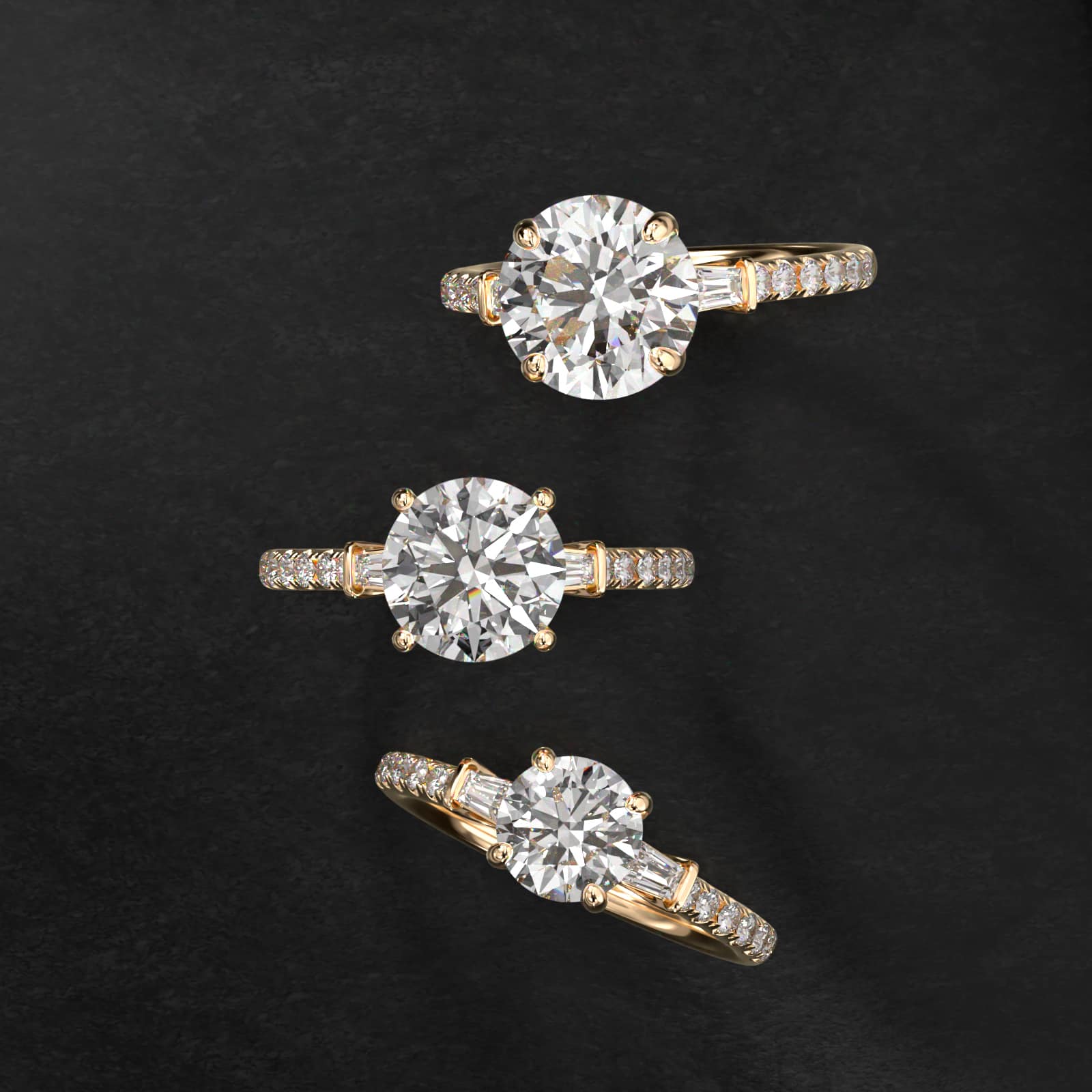 18K Yellow Gold Three Stone Fancy Shape Diamond Accents Engagement Ring