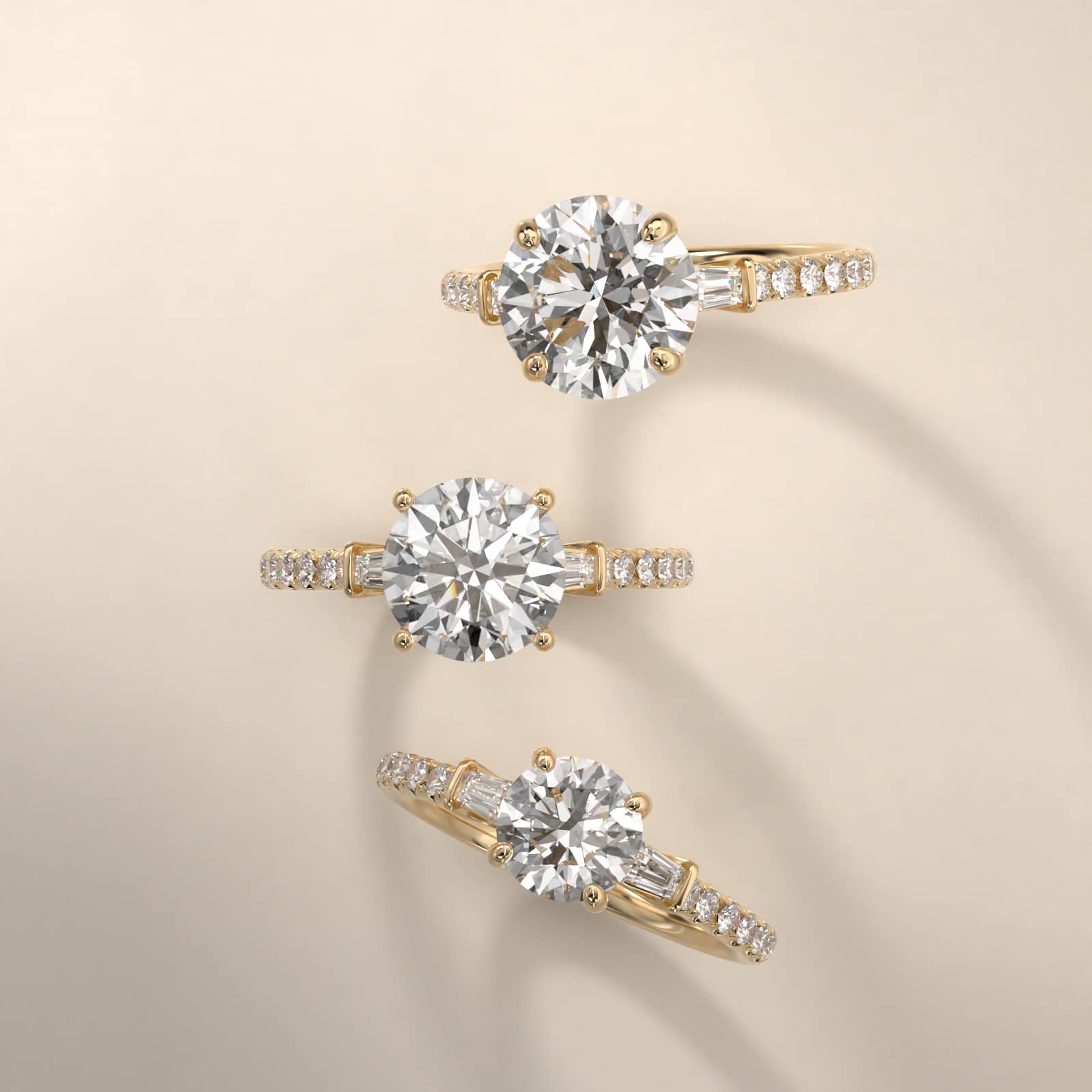 14K Yellow Gold Three Stone Fancy Shape Diamond Accents Engagement Ring