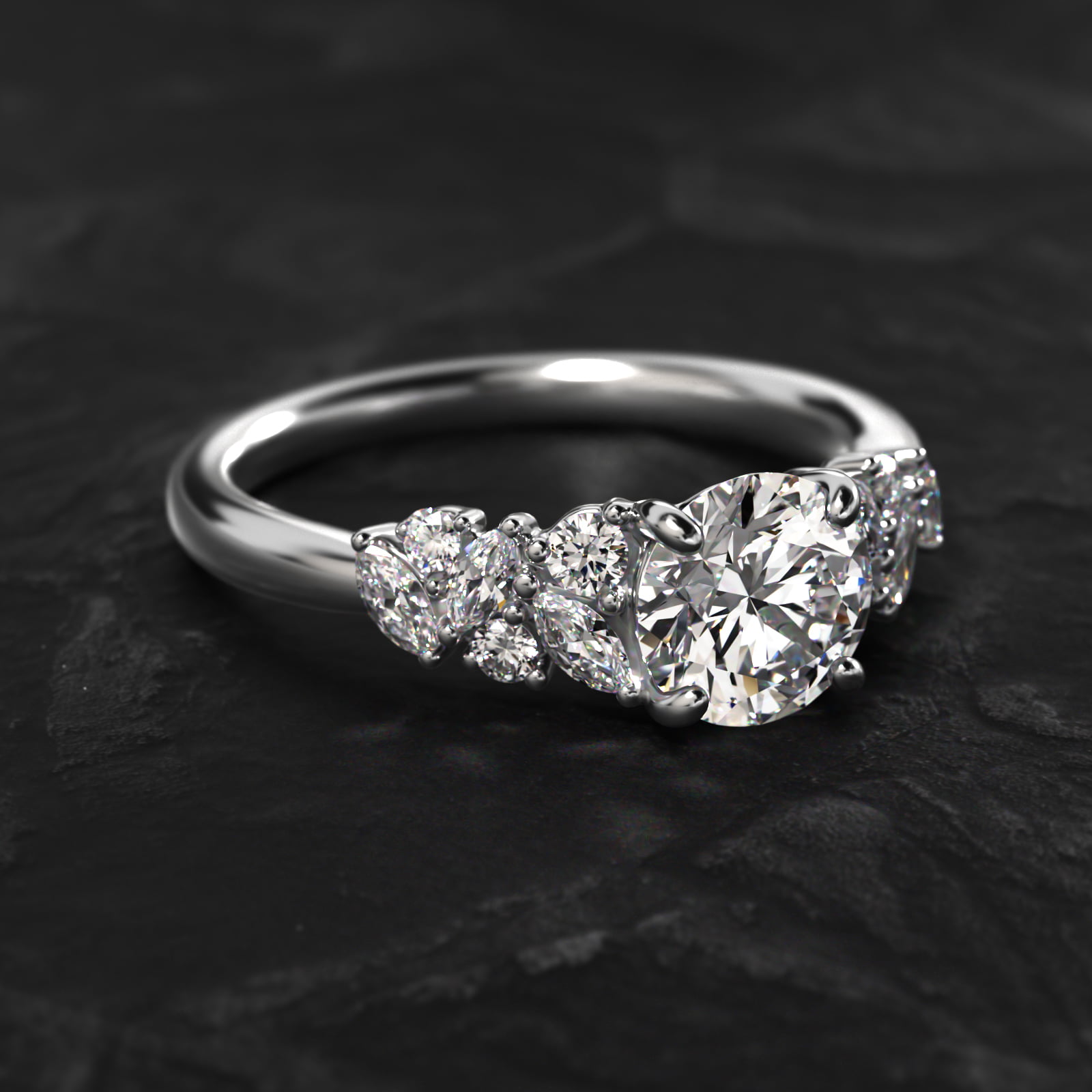 Marquise Cluster Diamond Accent Side Stone Engagement Ring In 18K White Gold