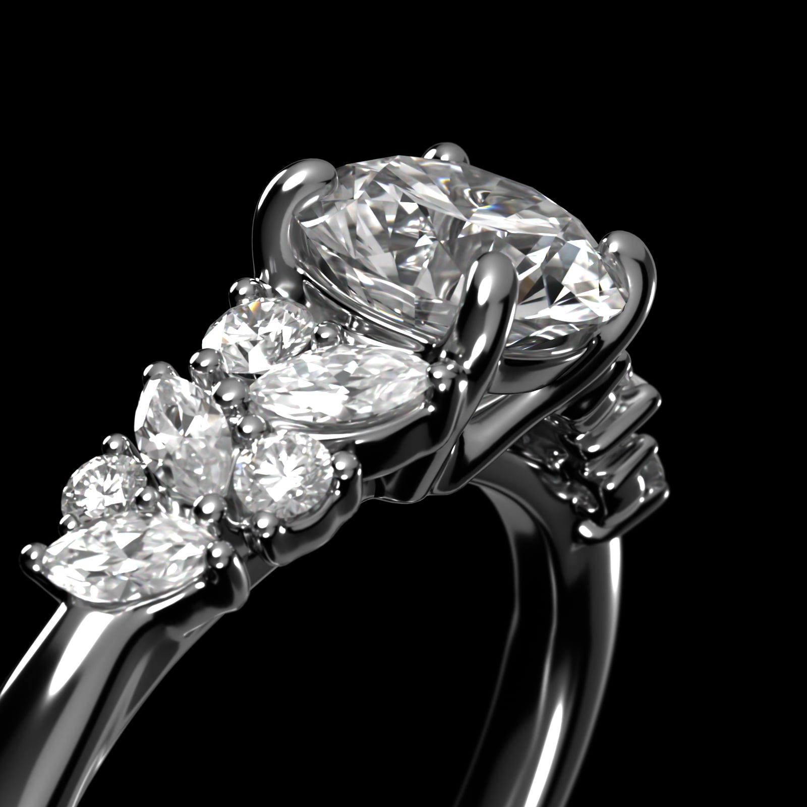 Marquise Cluster Diamond Accent Side Stone Engagement Ring In 14K White Gold