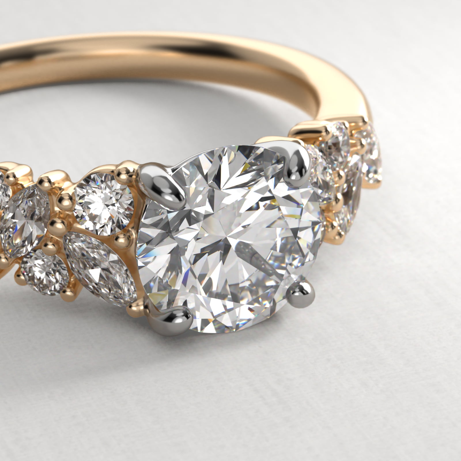 Marquise Cluster Diamond Accent Side Stone Engagement Ring In 18K Yellow Gold