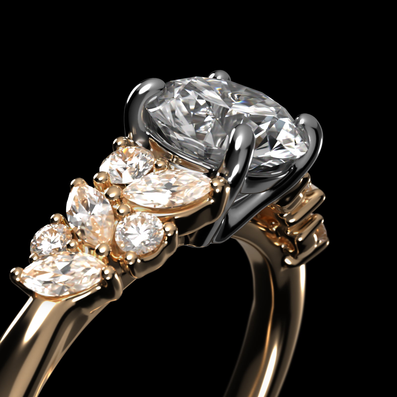 Marquise Cluster Diamond Accent Side Stone Engagement Ring In 14K Yellow Gold