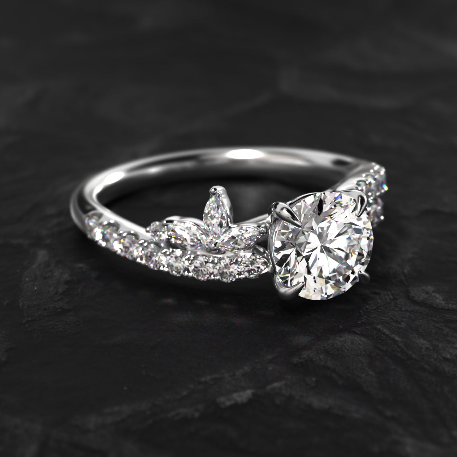 18K White Gold Swirled Diamond Accent Engagement Ring