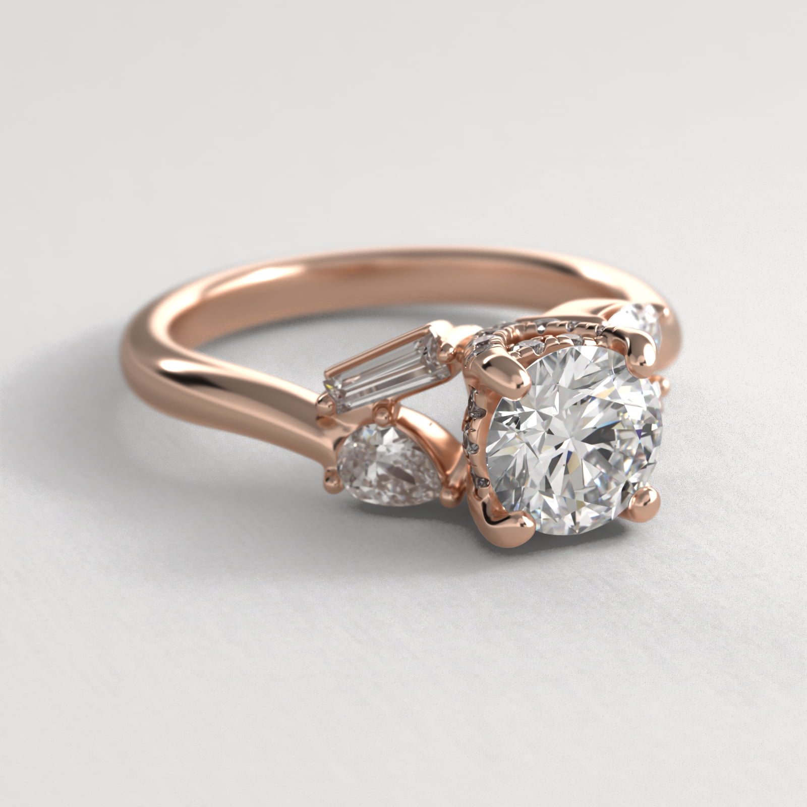Baguette And Pear Shape Side Stone Diamond Engagement Ring With Hidden Halo In 14K Rose Gold