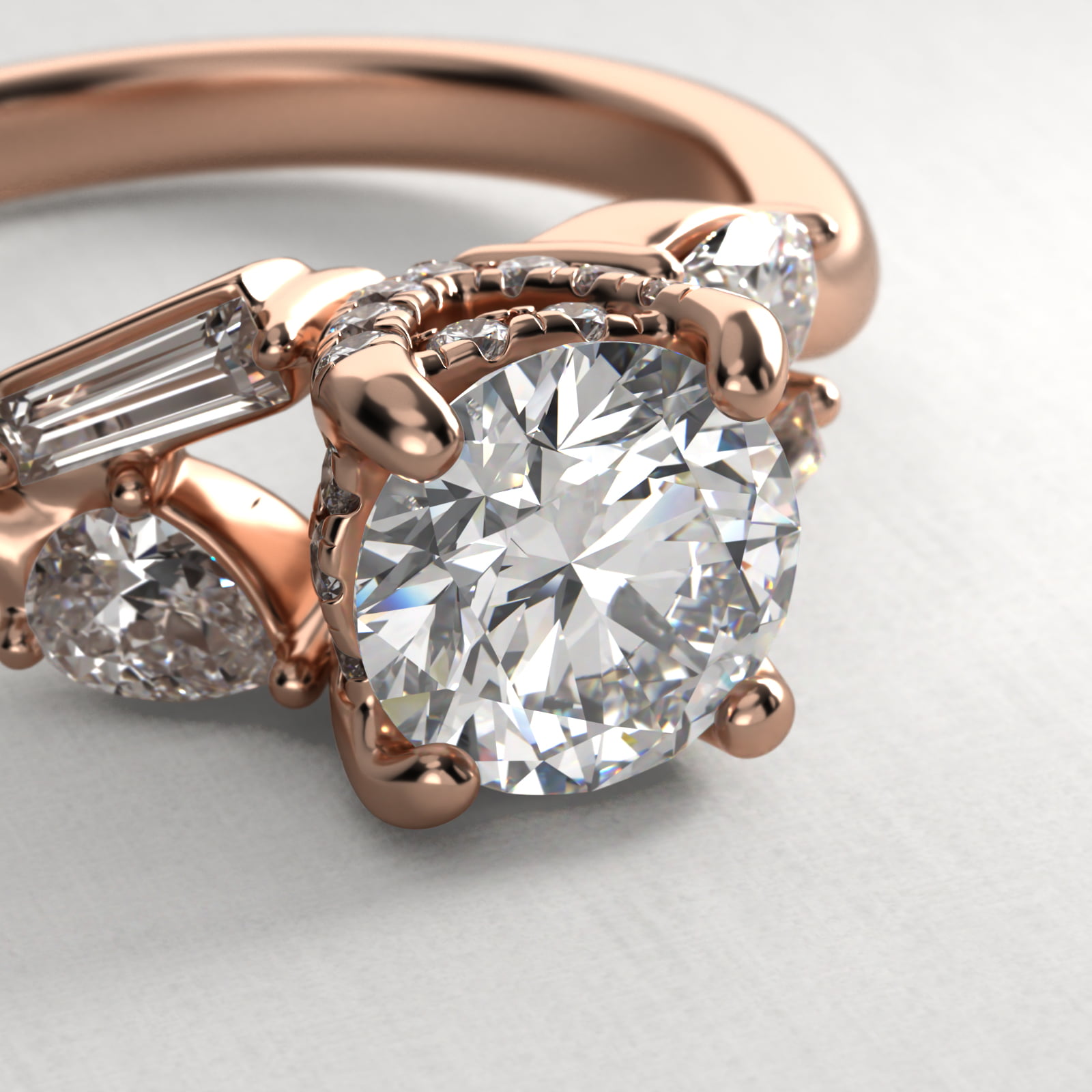 Baguette And Pear Shape Side Stone Diamond Engagement Ring With Hidden Halo In 14K Rose Gold