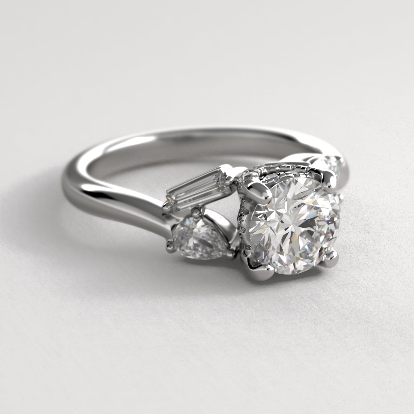 Baguette And Pear Shape Side Stone Diamond Engagement Ring With Hidden Halo In Platinum