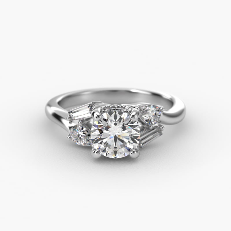 Baguette And Pear Shape Side Stone Diamond Engagement Ring With Hidden Halo In 14K White Gold