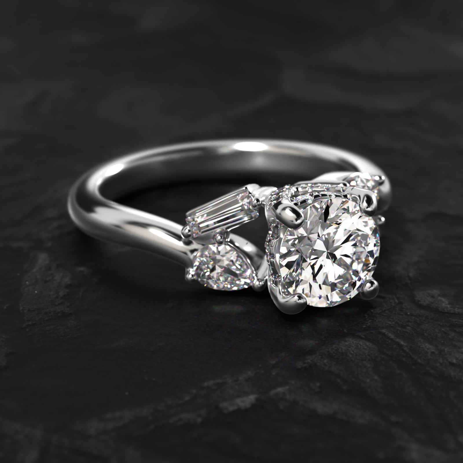 Baguette And Pear Shape Side Stone Diamond Engagement Ring With Hidden Halo In 14K White Gold