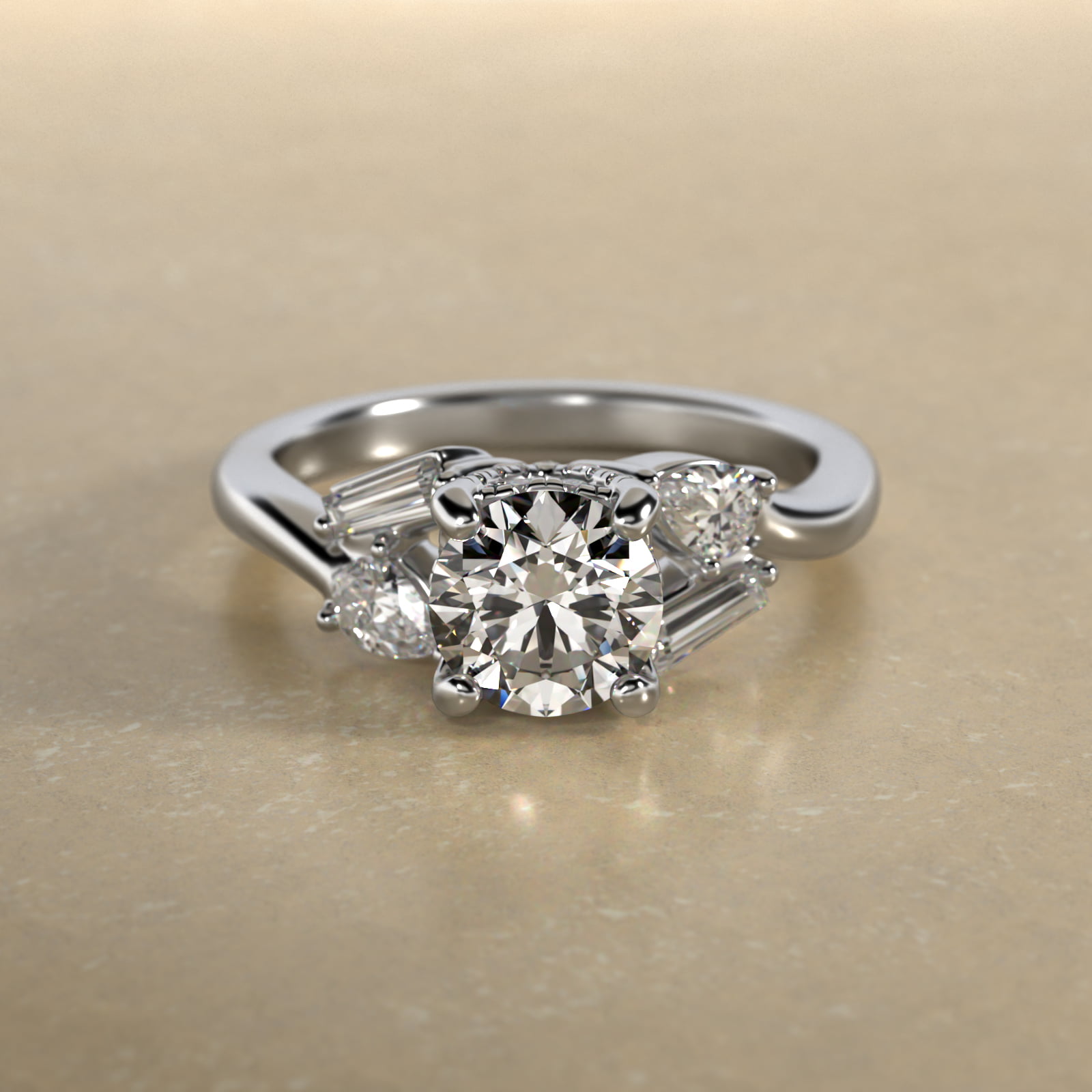 Baguette And Pear Shape Side Stone Diamond Engagement Ring With Hidden Halo In 18K White Gold