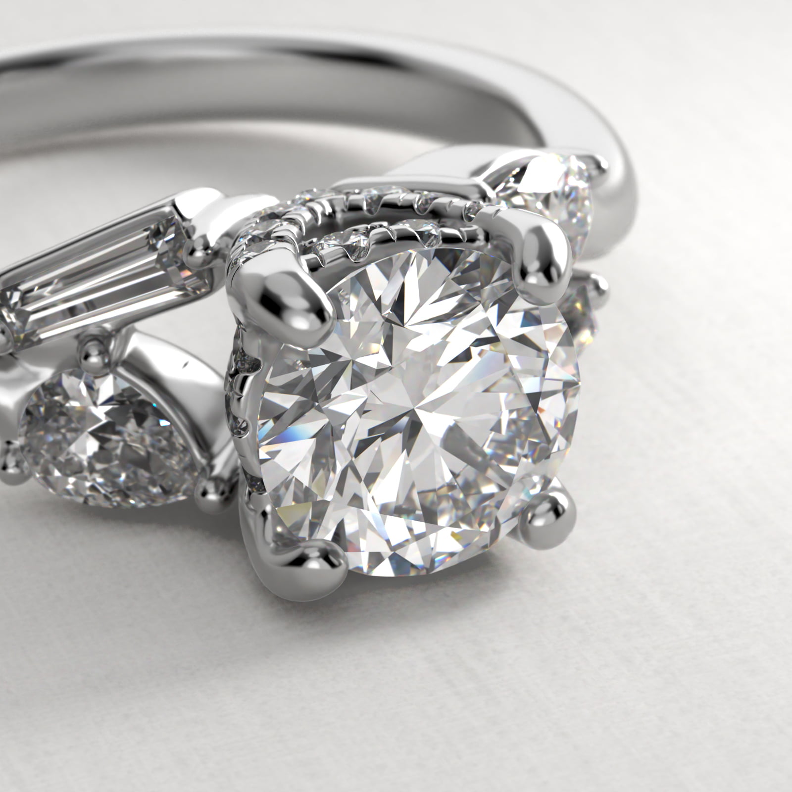 Baguette And Pear Shape Side Stone Diamond Engagement Ring With Hidden Halo In 18K White Gold