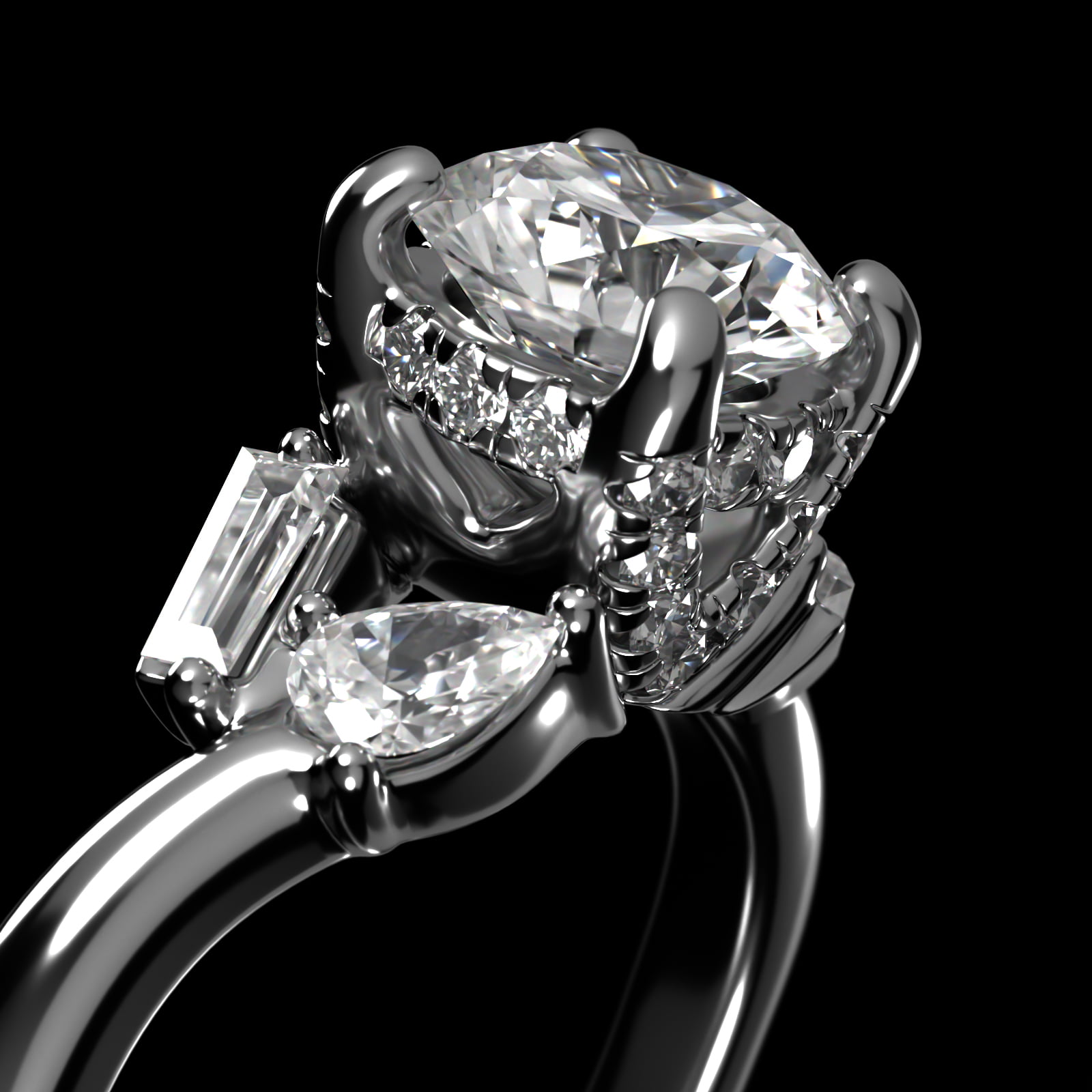 Baguette And Pear Shape Side Stone Diamond Engagement Ring With Hidden Halo In 14K White Gold