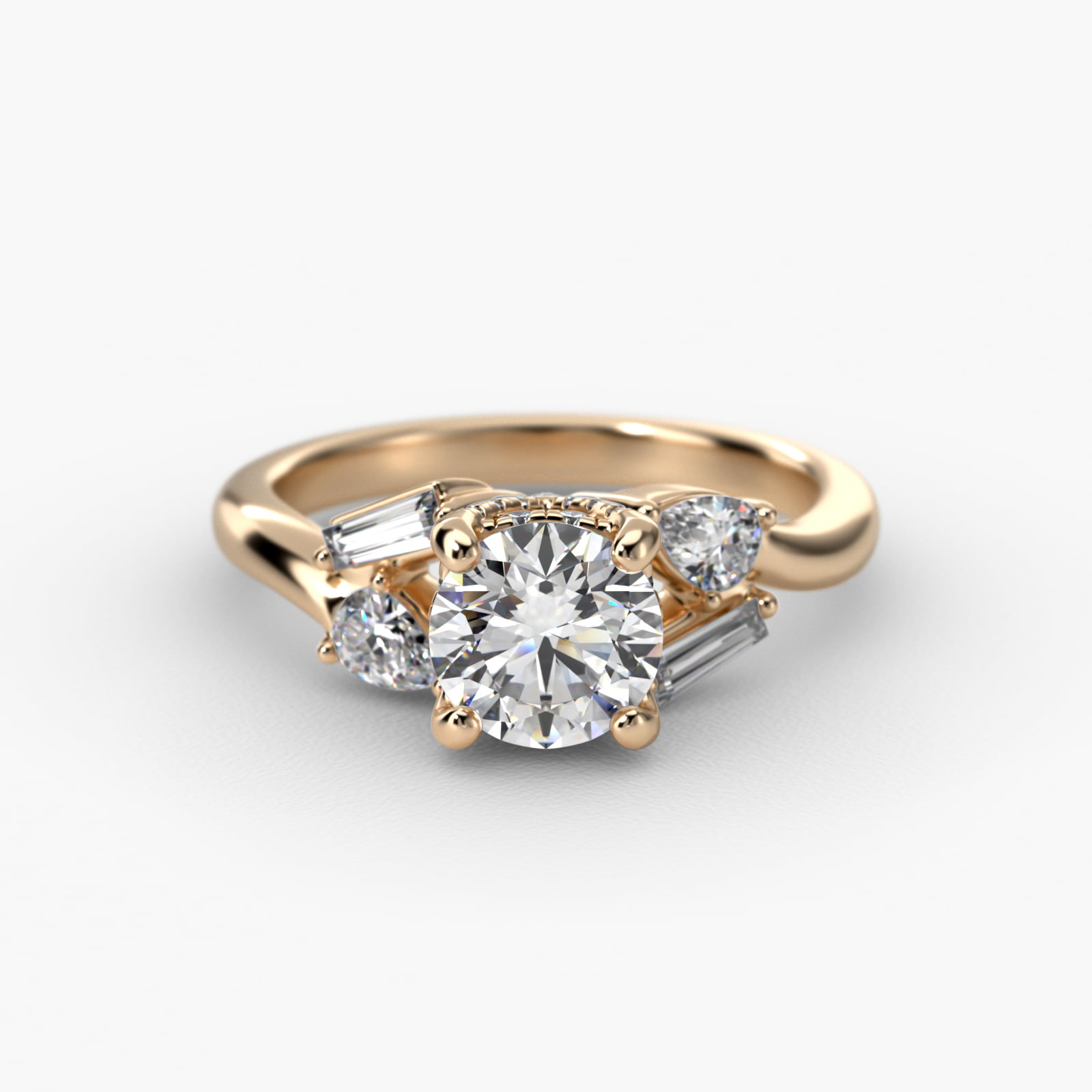 Baguette And Pear Shape Side Stone Diamond Engagement Ring With Hidden Halo In 14K Yellow Gold