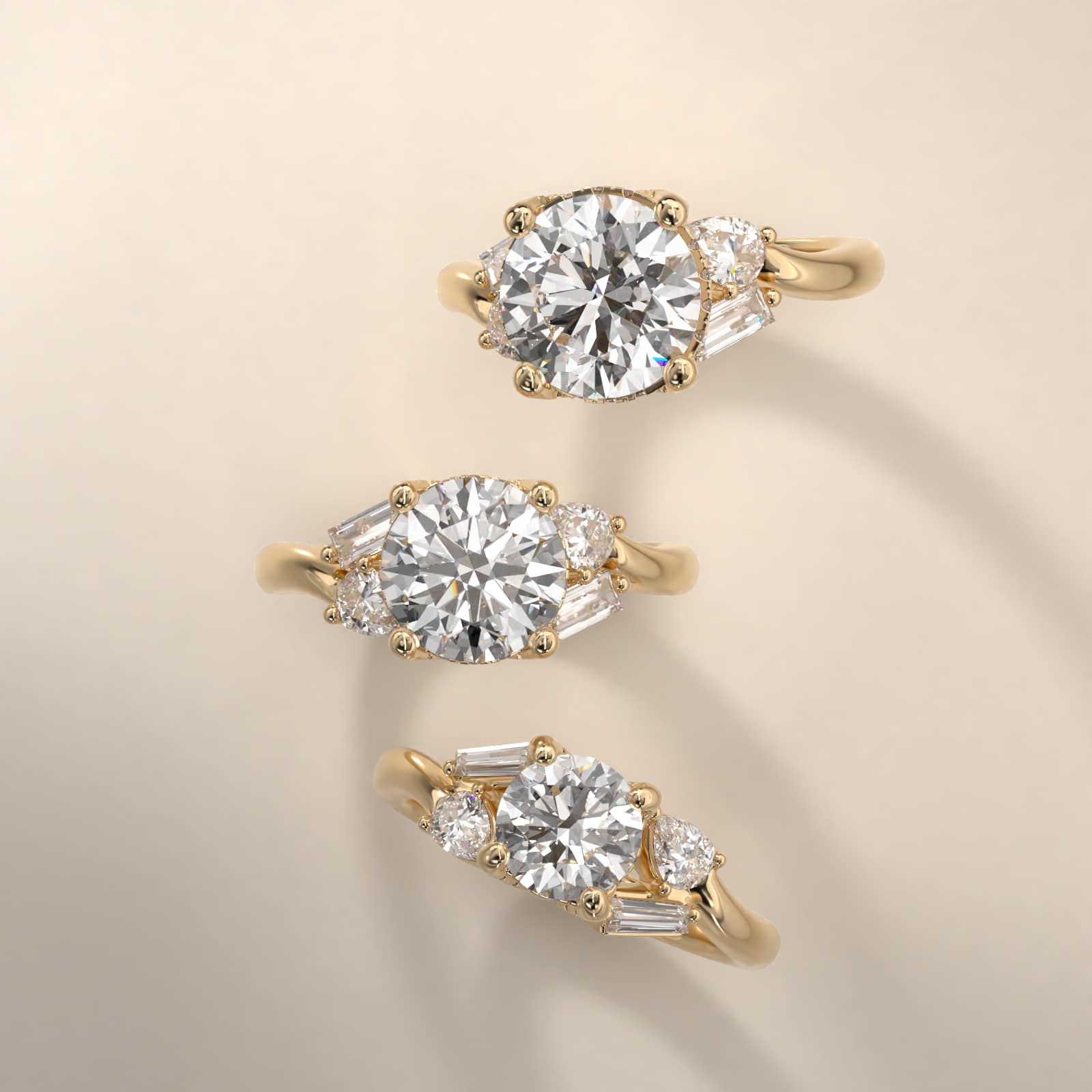 Baguette And Pear Shape Side Stone Diamond Engagement Ring With Hidden Halo In 14K Yellow Gold