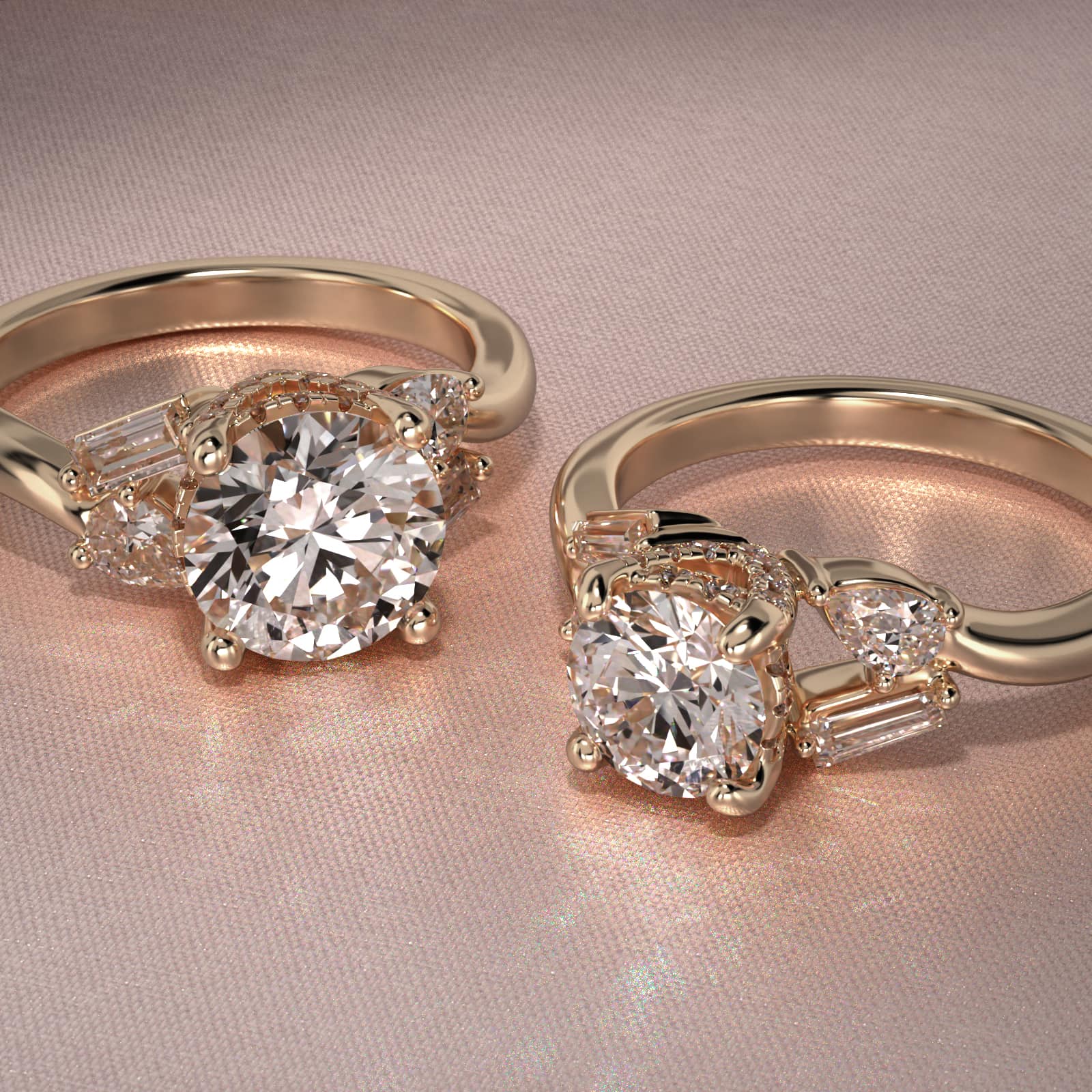 Baguette And Pear Shape Side Stone Diamond Engagement Ring With Hidden Halo In 18K Yellow Gold