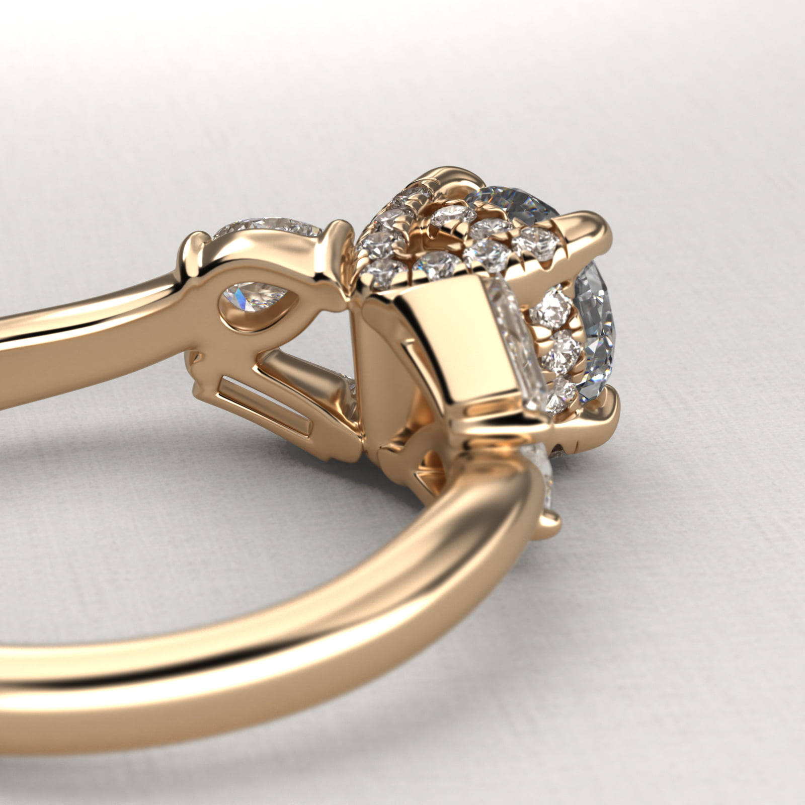 Baguette And Pear Shape Side Stone Diamond Engagement Ring With Hidden Halo In 14K Yellow Gold