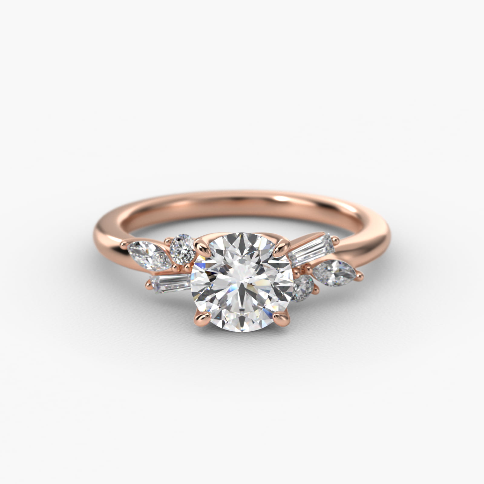 Floral Motif Diamond Accent Side Stone Engagement Ring In 14K Rose Gold