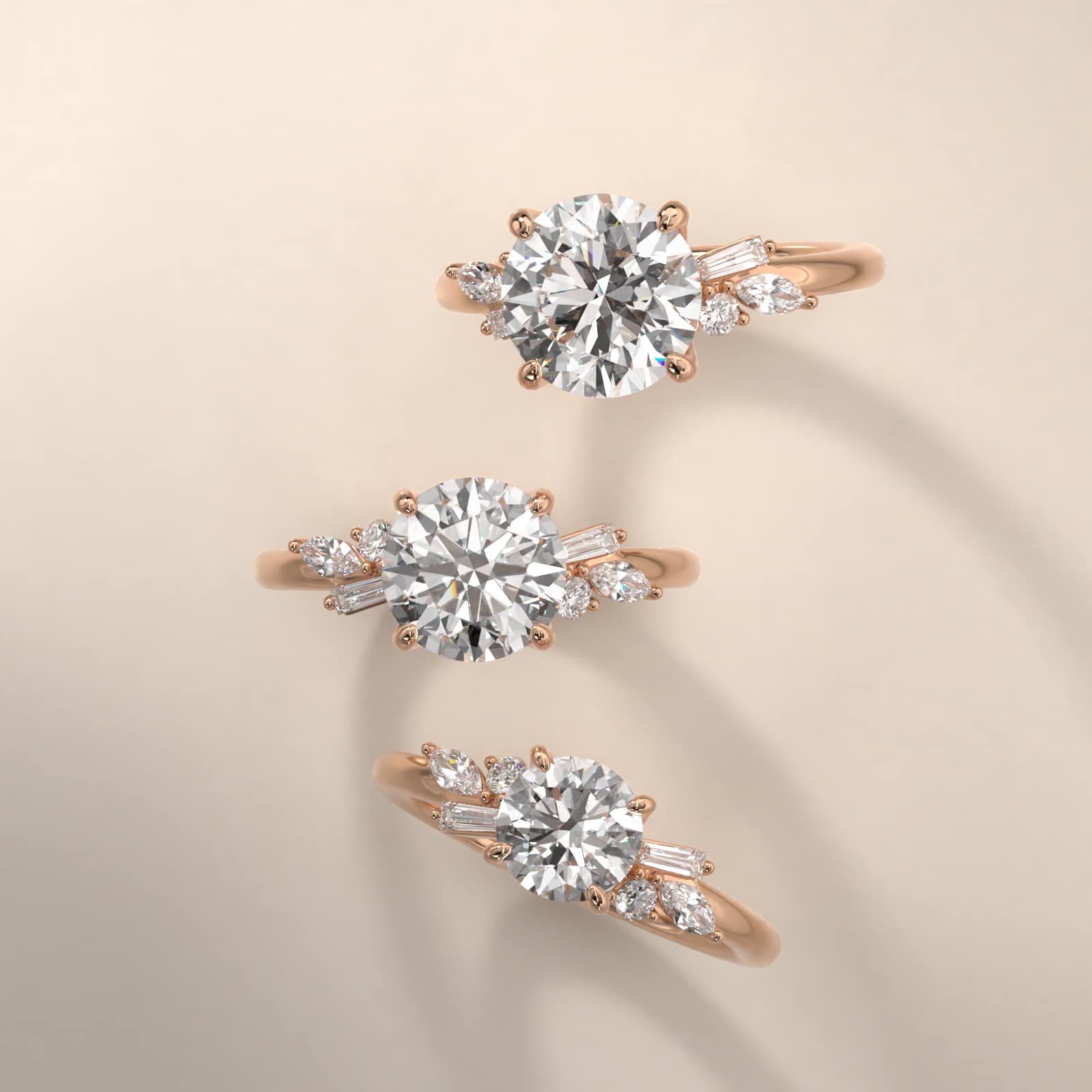 Floral Motif Diamond Accent Side Stone Engagement Ring In 14K Rose Gold