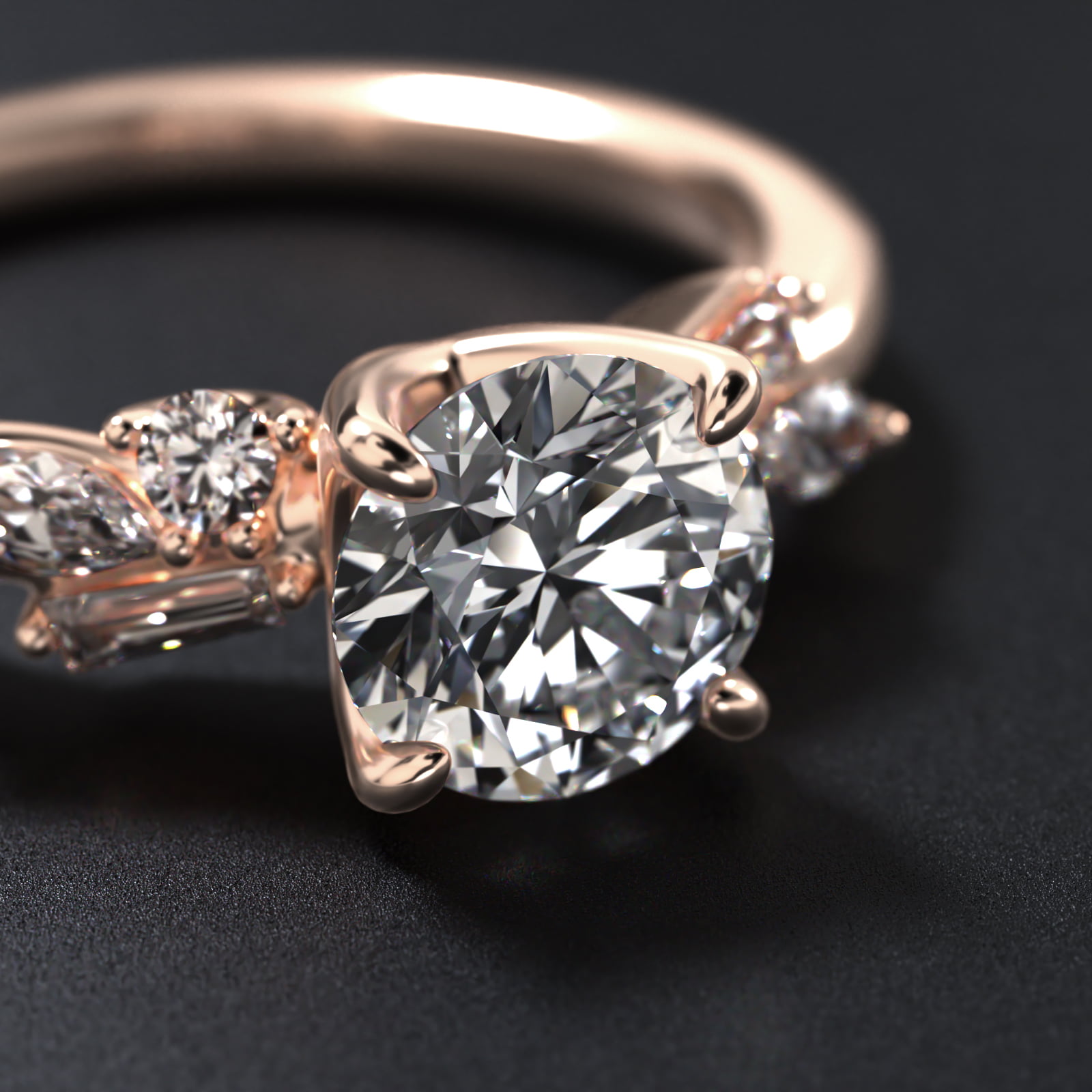 Floral Motif Diamond Accent Side Stone Engagement Ring In 14K Rose Gold